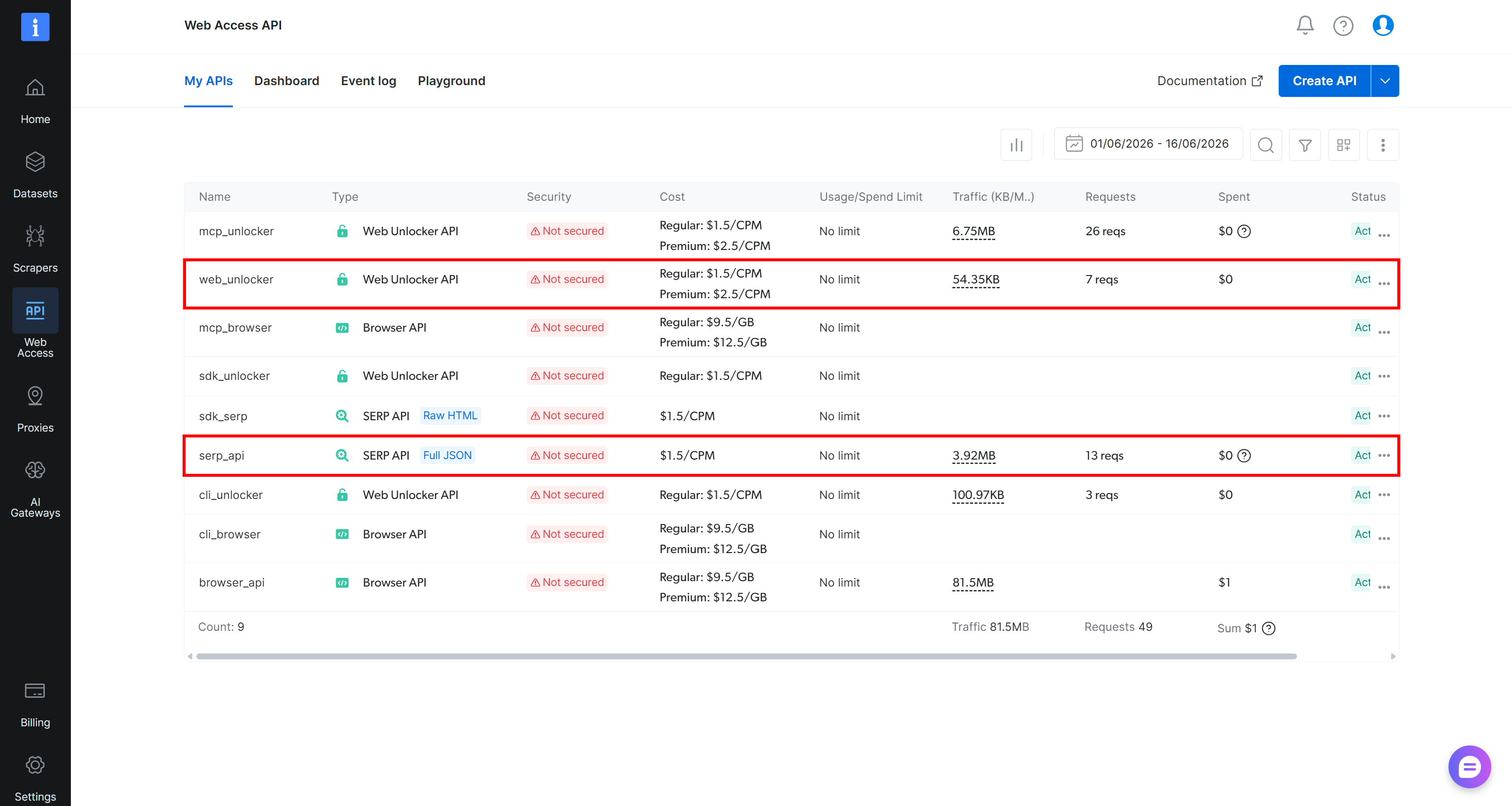 Note the APIs called “web_unlocker” and “serp_api”, which are of type Web Unlocker API and SERP API, respectively