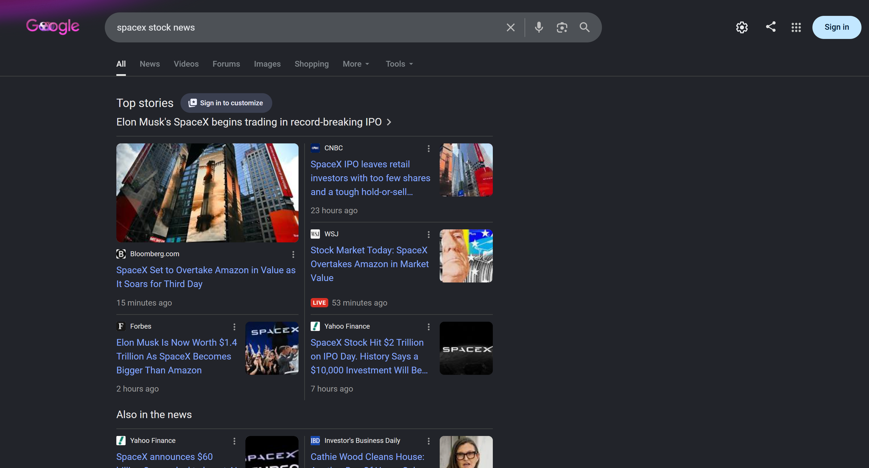 The Google SERP for the “SpaceX stock news” search query
