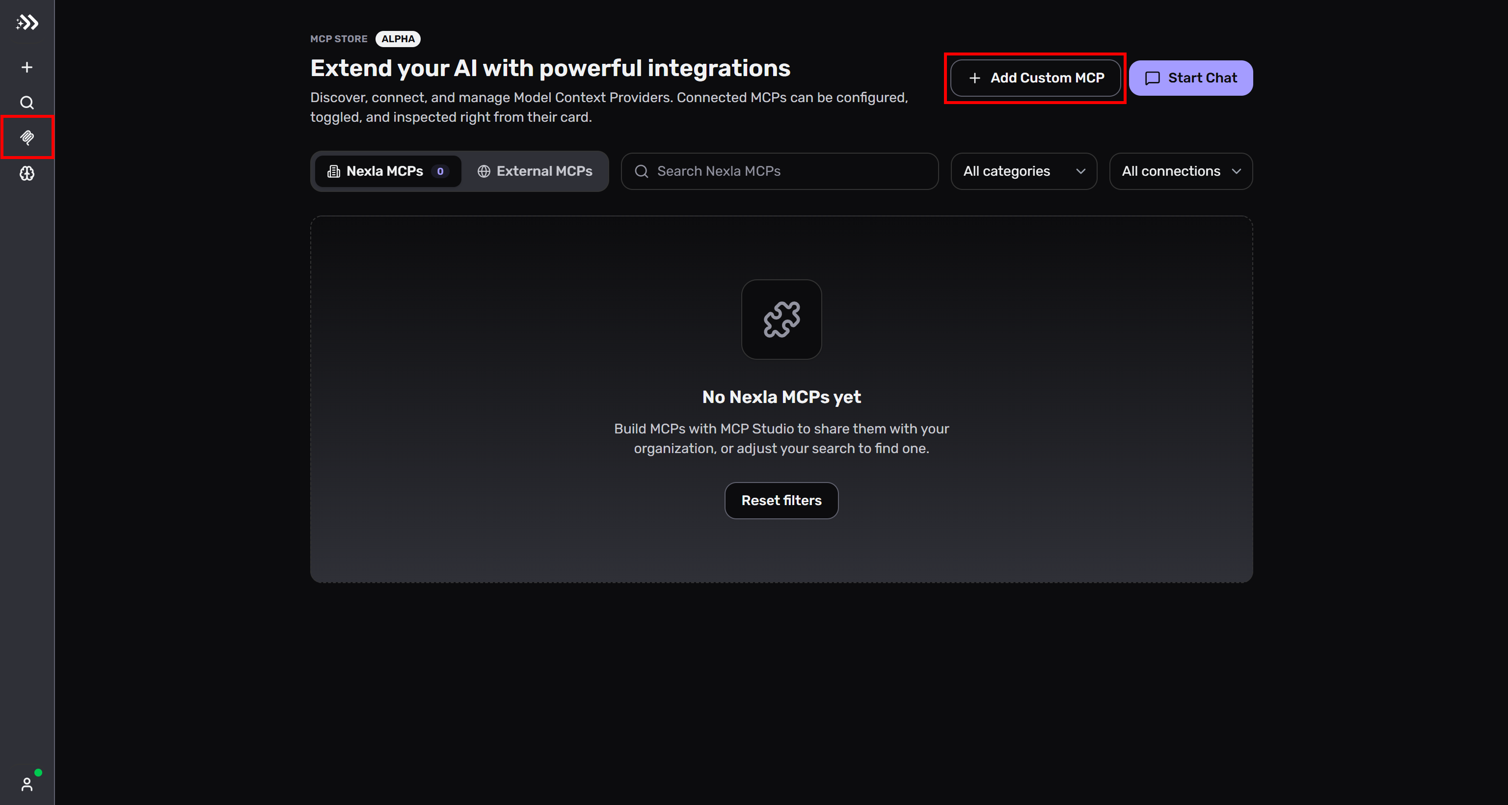 Clicking the “Add Custom MCP” button