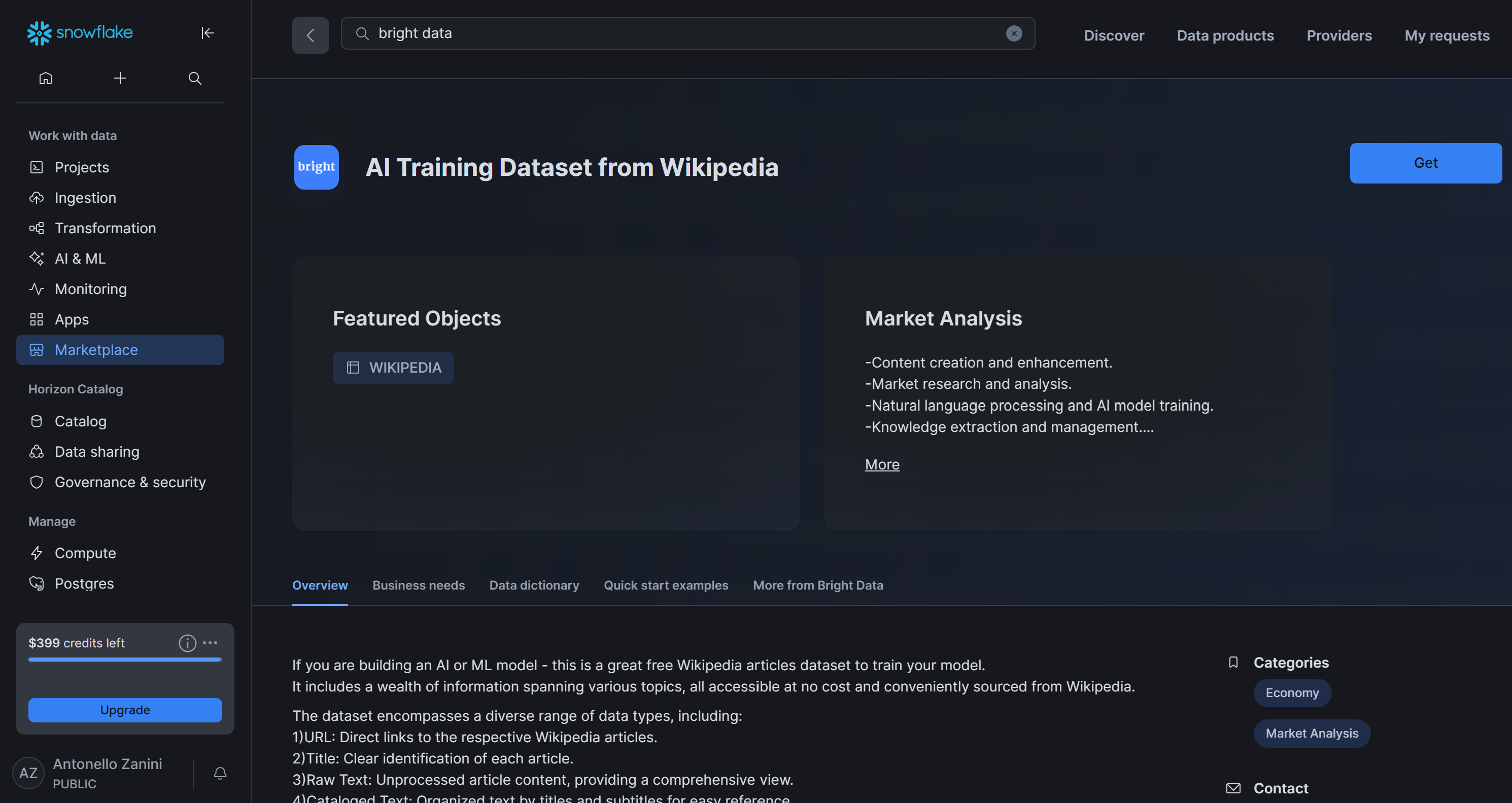The “AI Training Dataset from Wikipedia” dataset on Snowflake