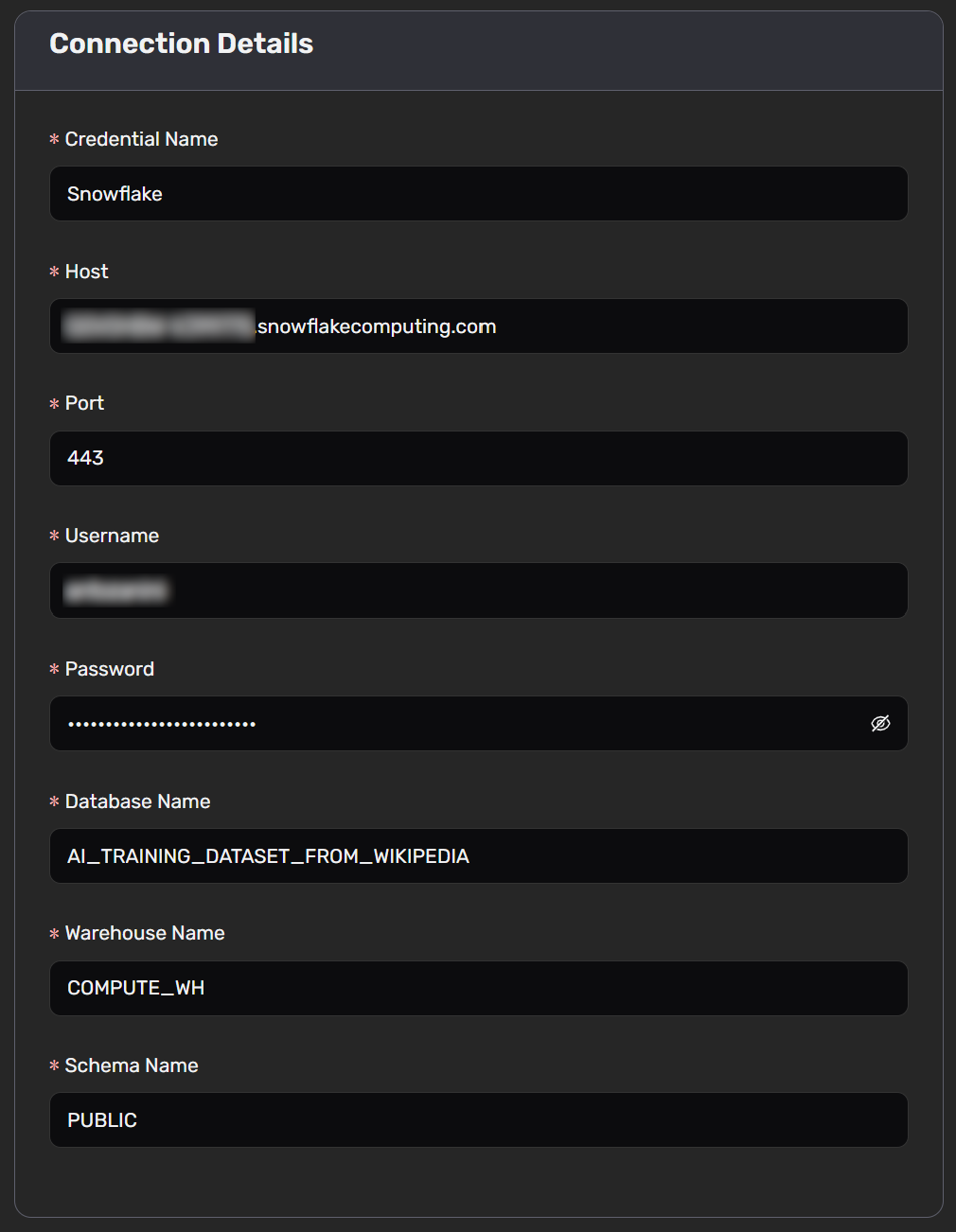 Filling out the generated Snowflake connection modal