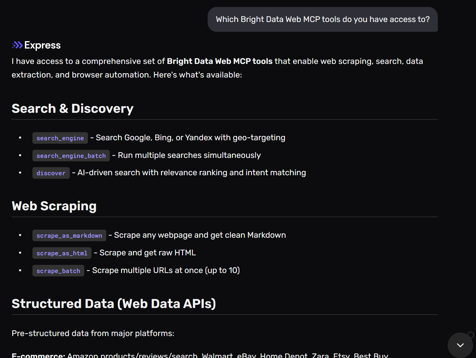 Note the tool descriptions returned by the prompt