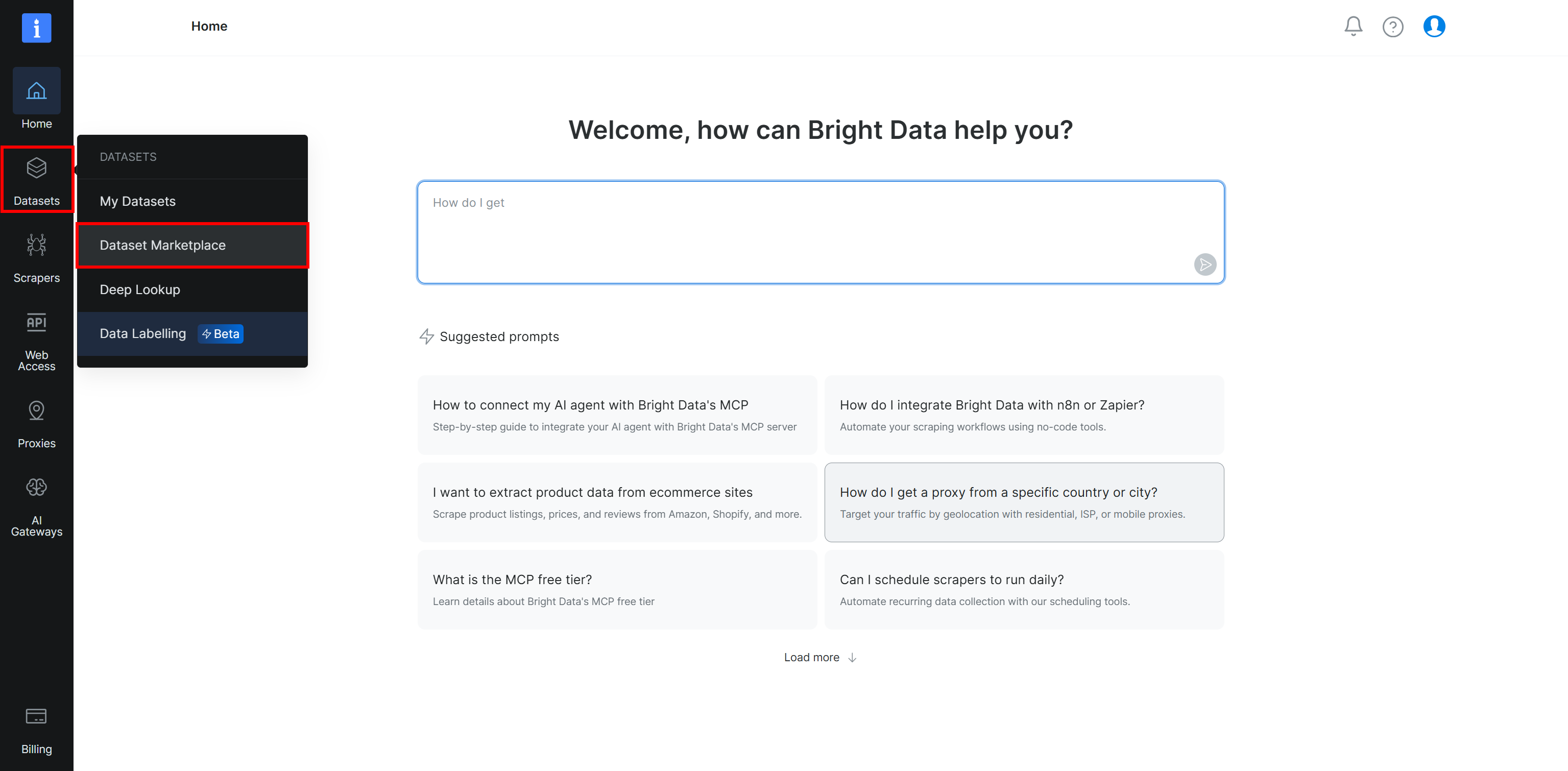 Selecting the “Dataset Marketplace” option
