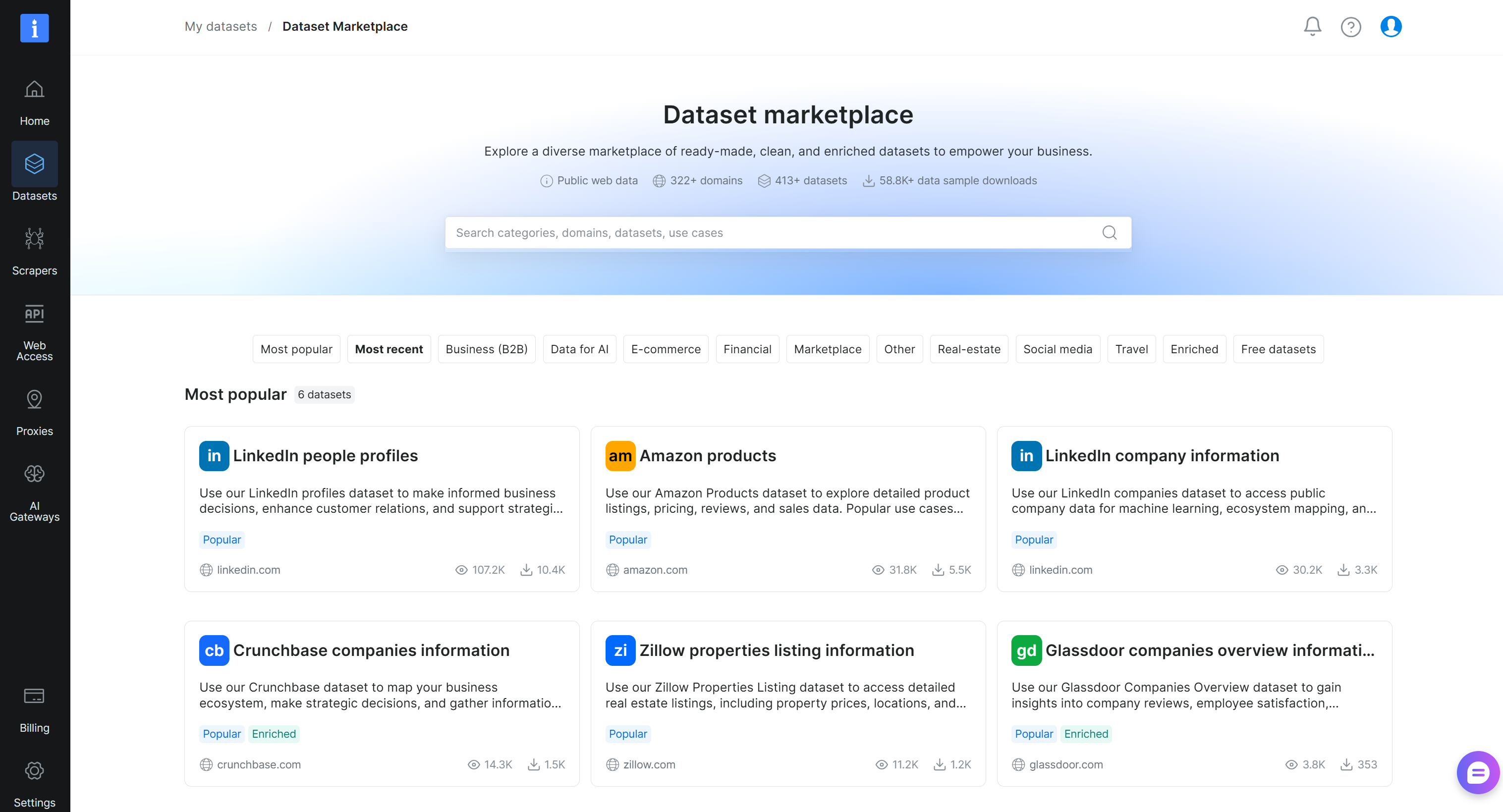 Reaching the “Dataset marketplace” page