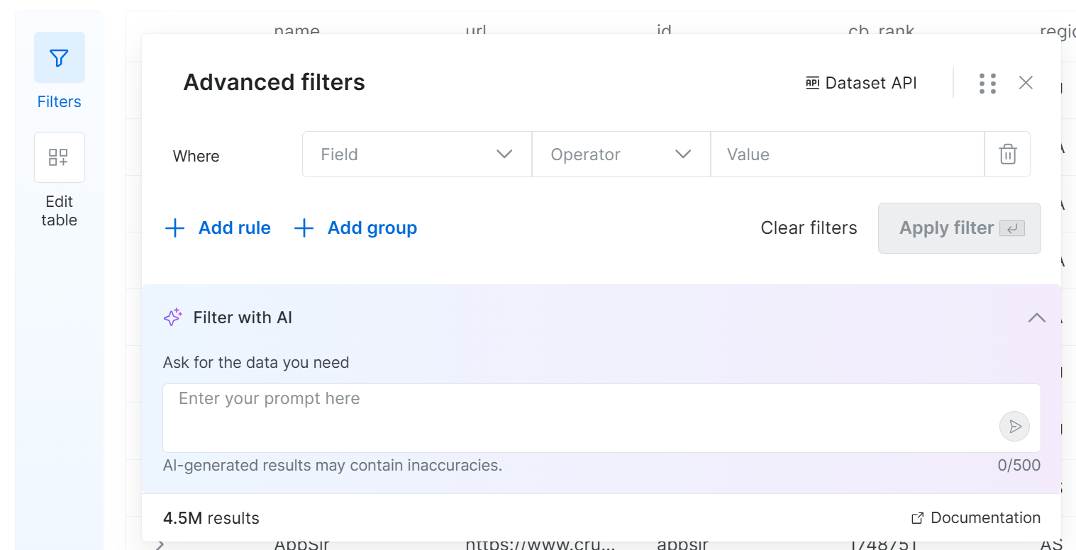 The dataset filtering modal