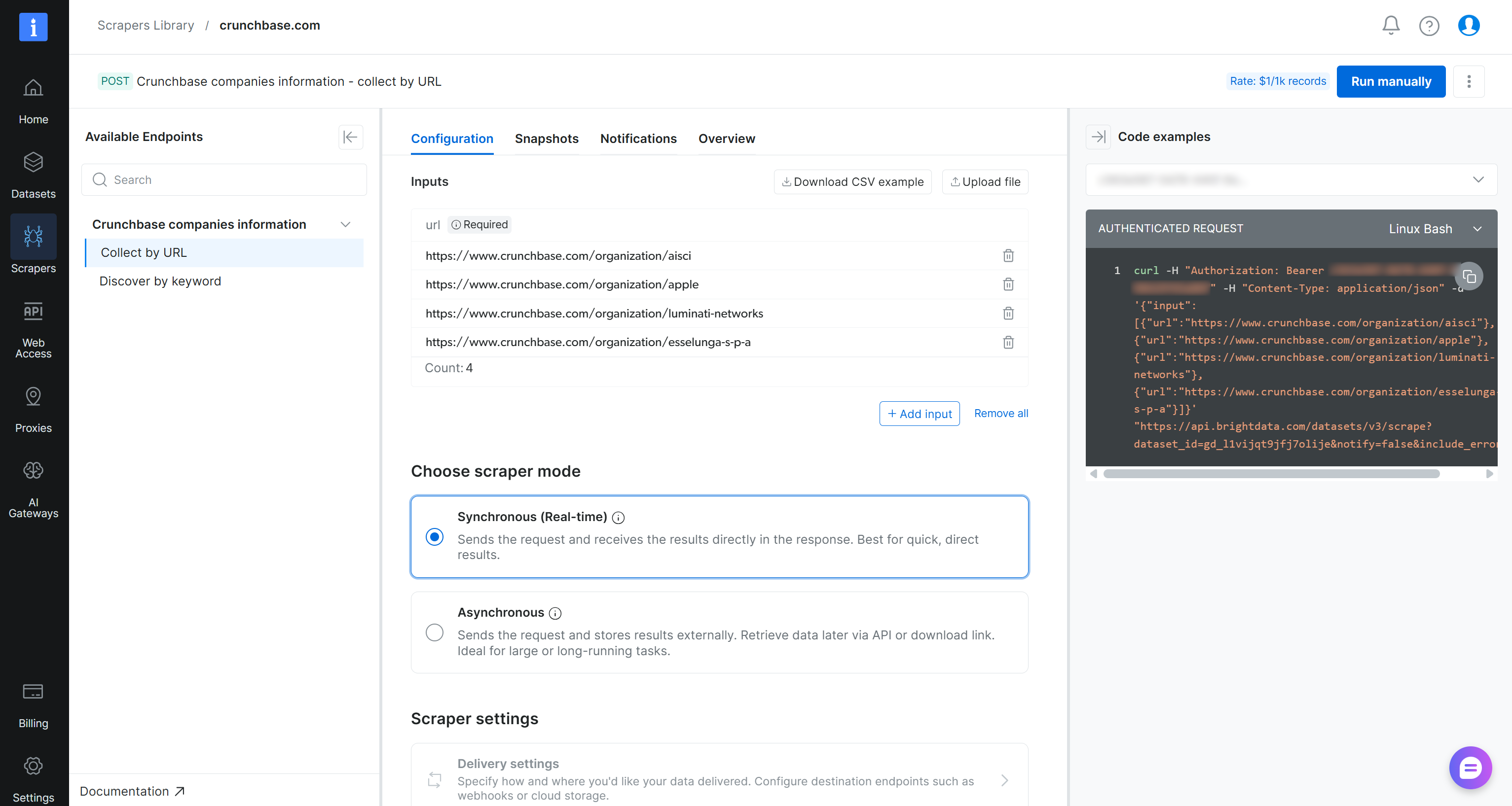 The Crunchbase Scraper API page in Bright Data's control panel
