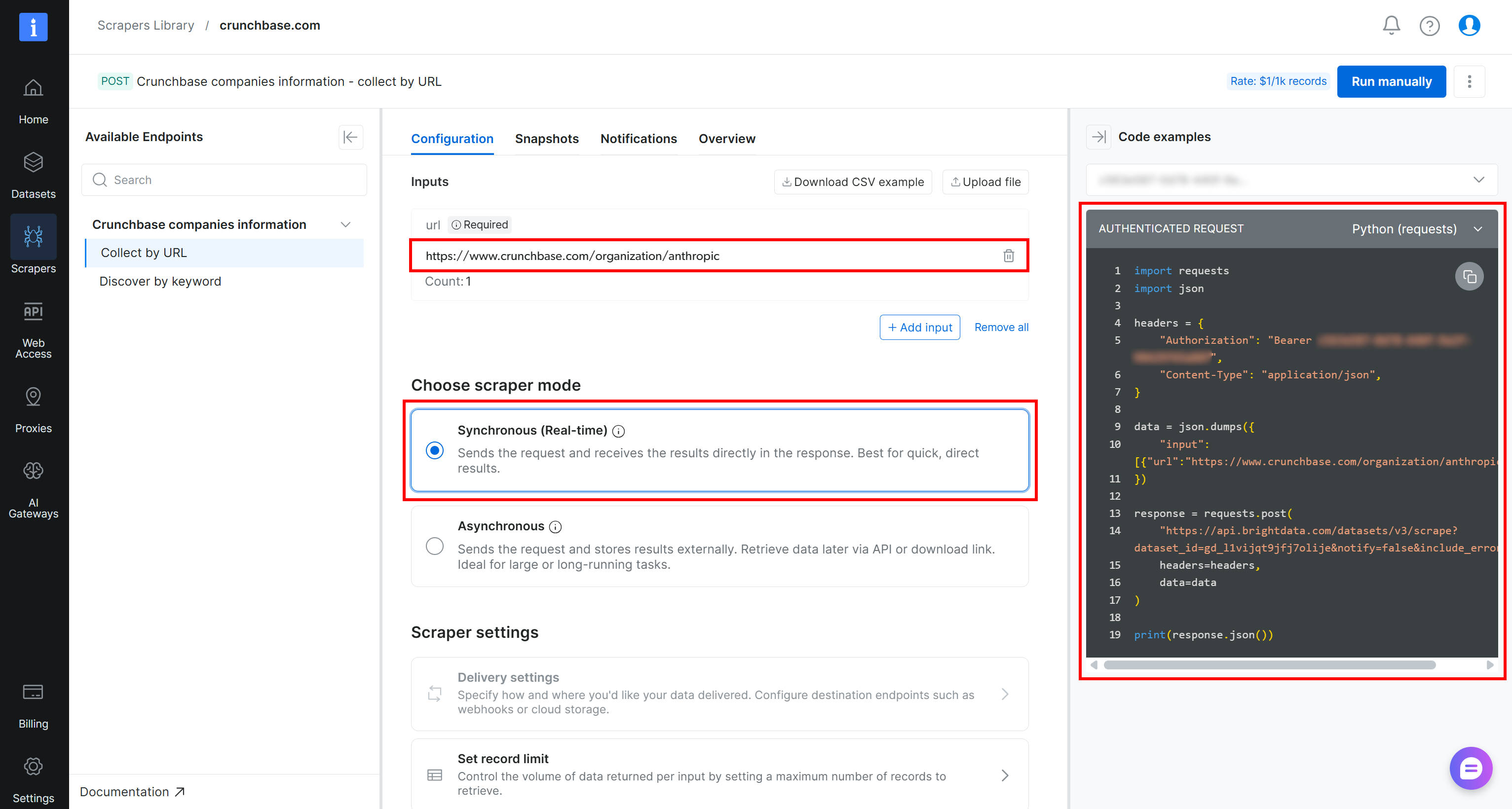 Configuring the Web Scraping API call to get the Python snippet