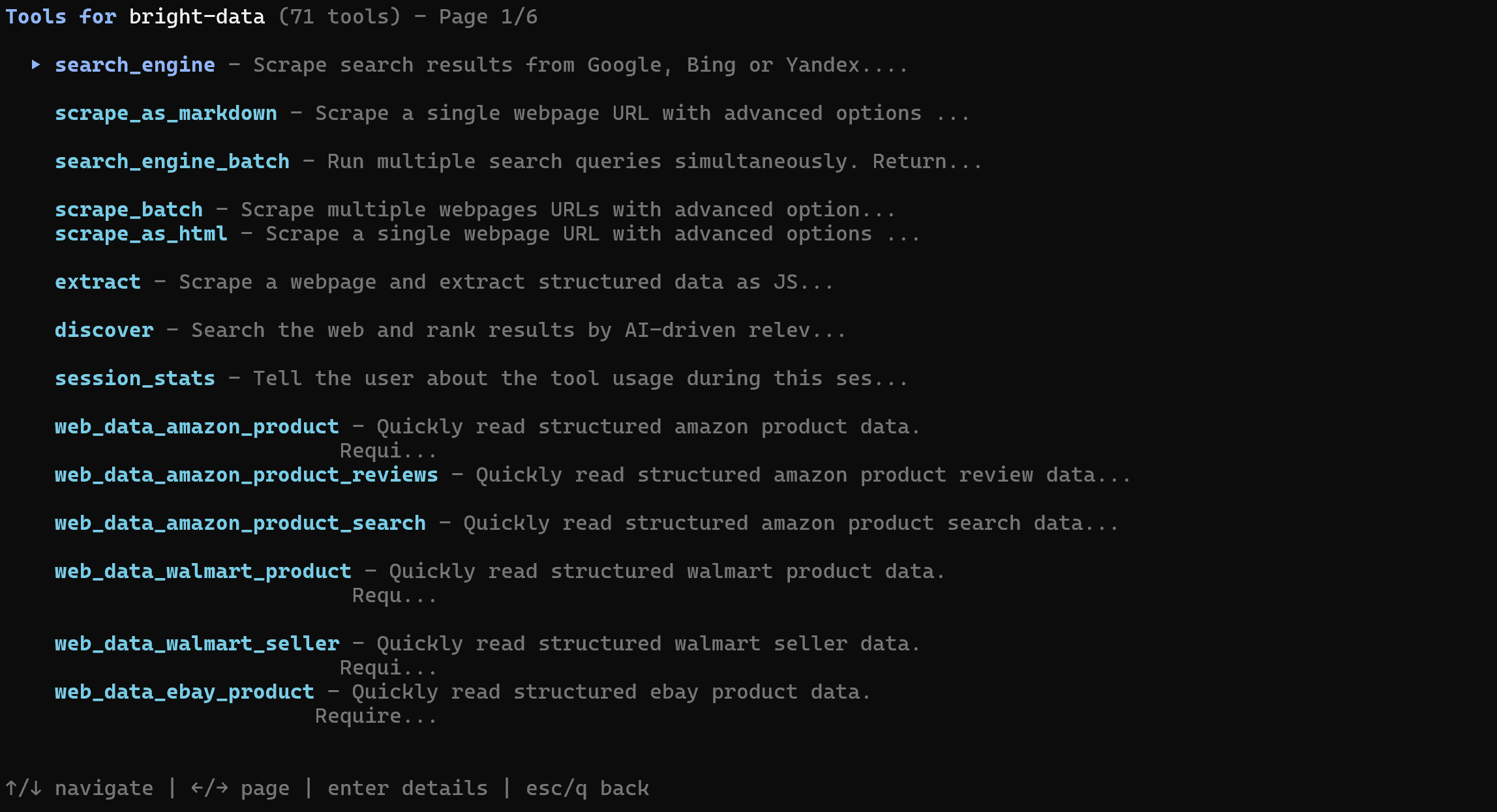 The tools exposed by the local Bright Data Web MCP server to Cortex Code