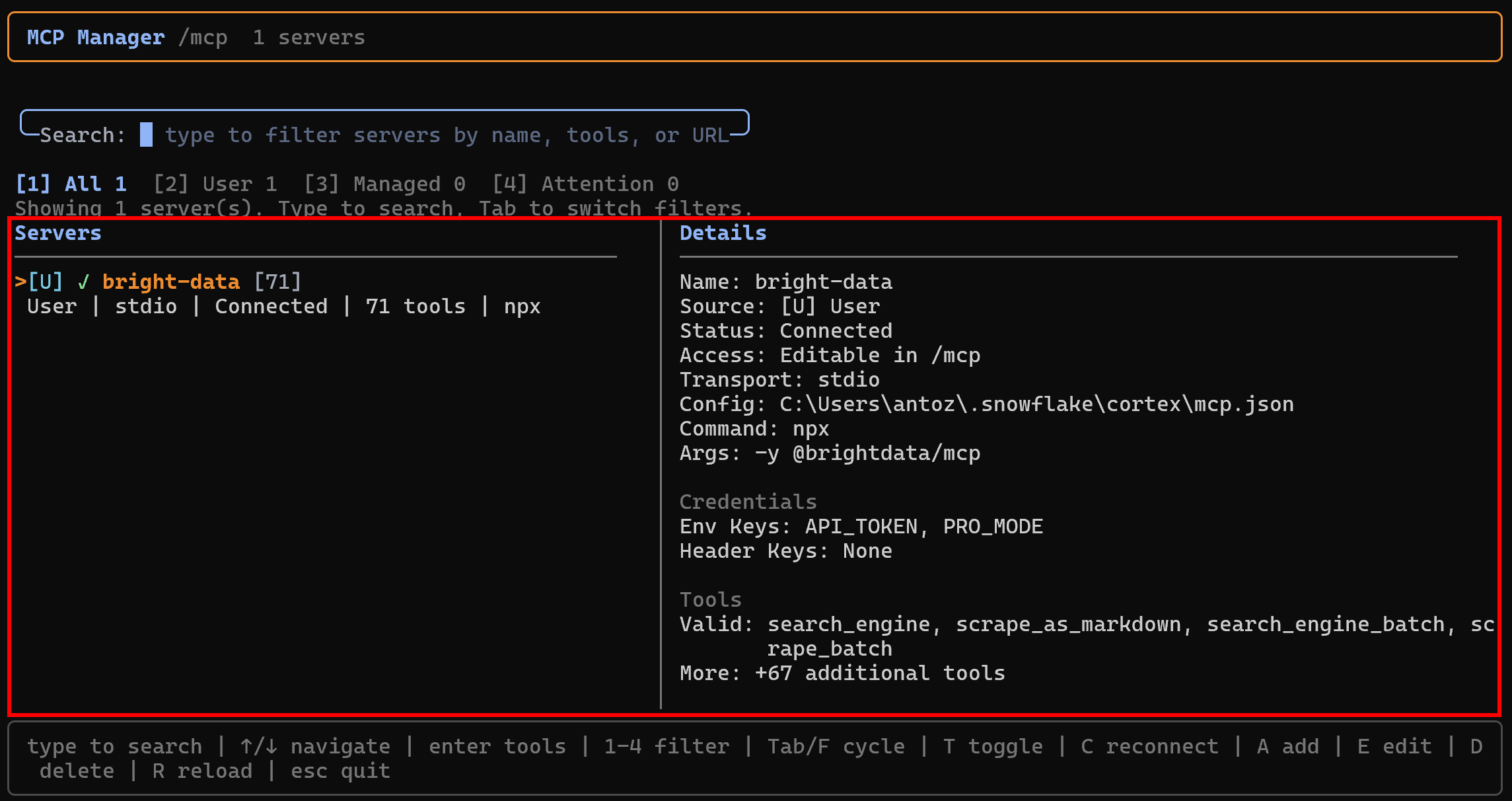 Note the “bright-data” MCP server