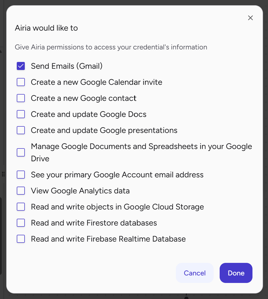 Giving the “Send Emails (Gmail)” permission