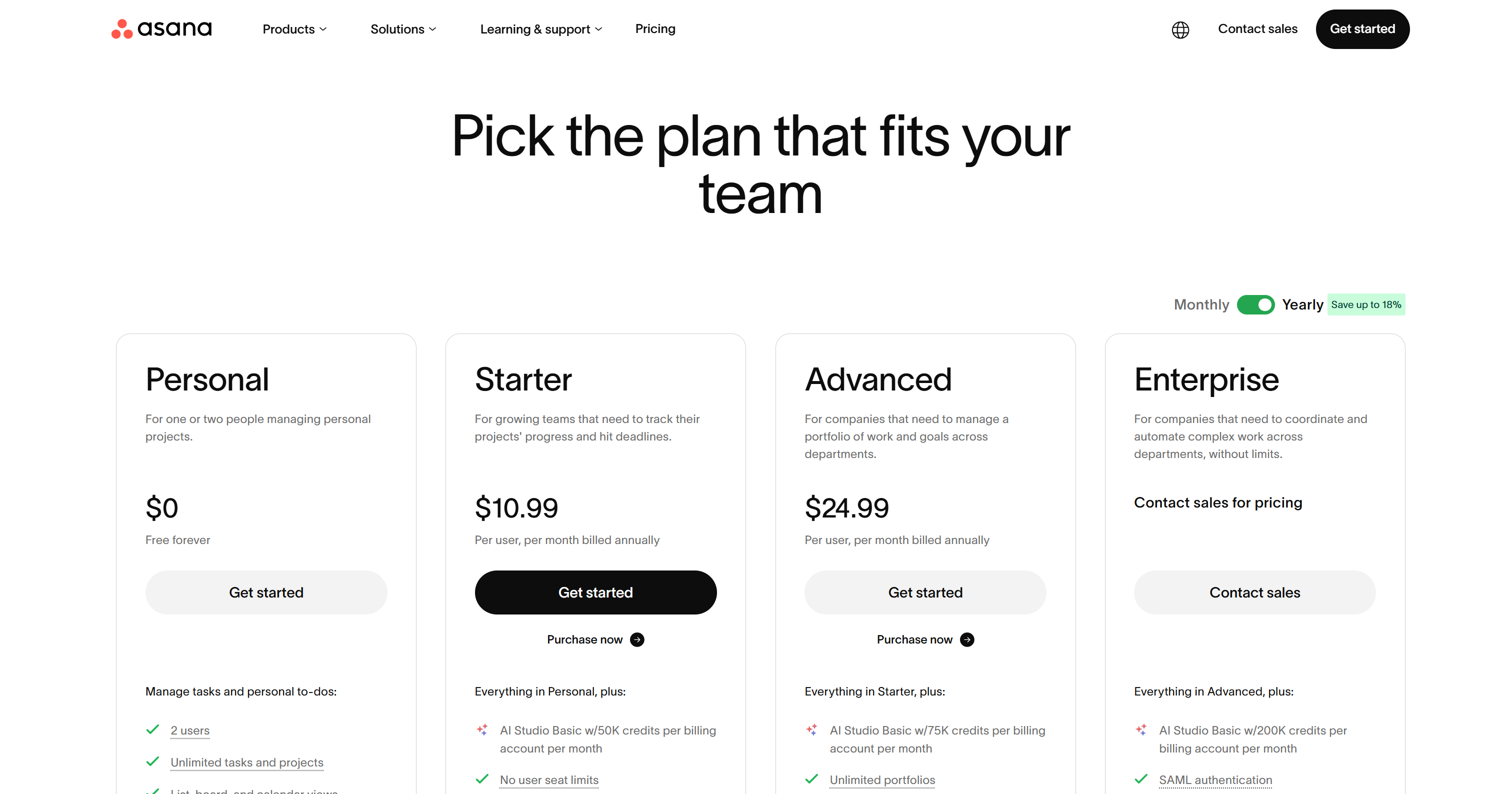Asana pricing page