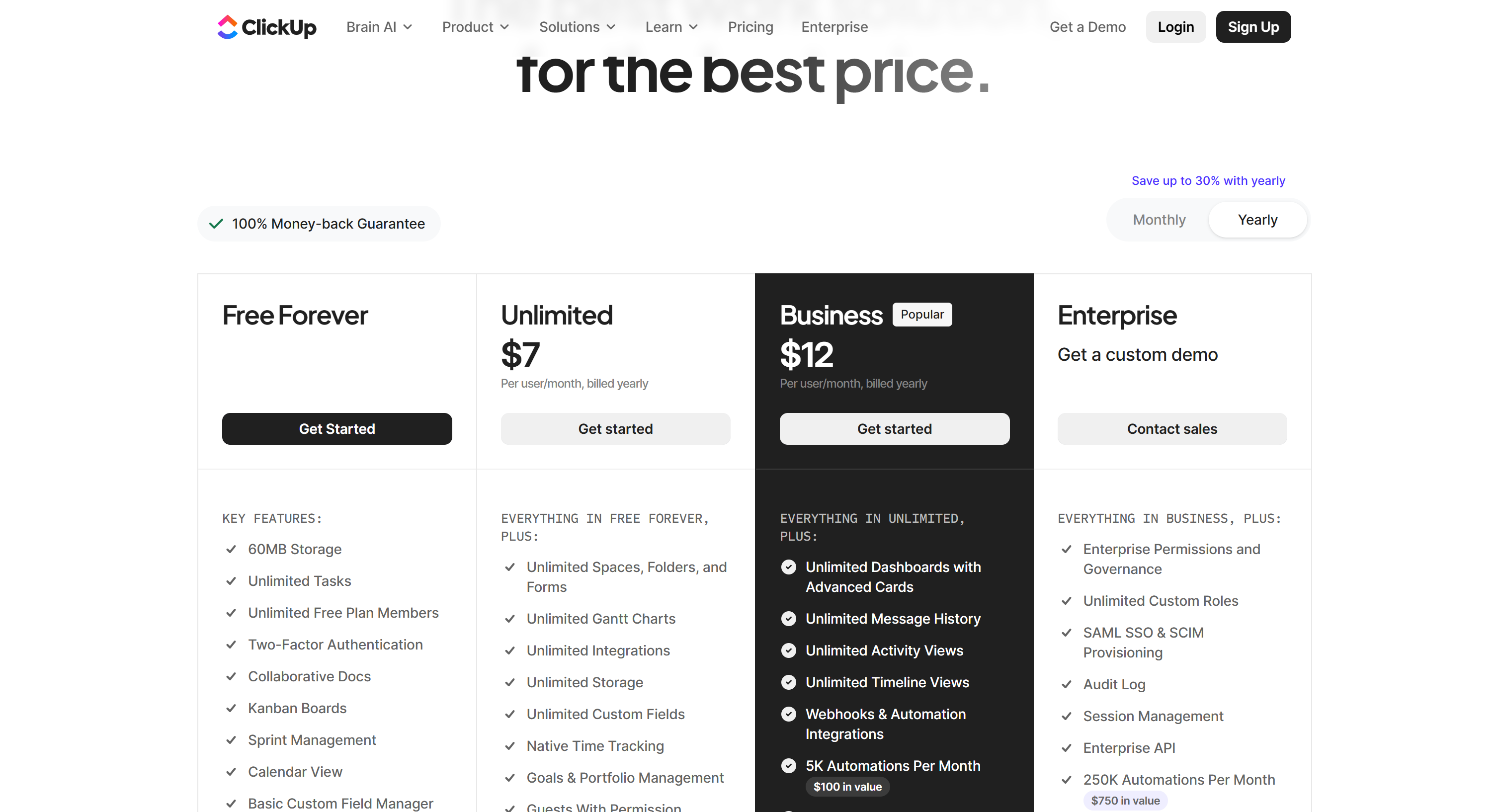 ClickUp pricing page