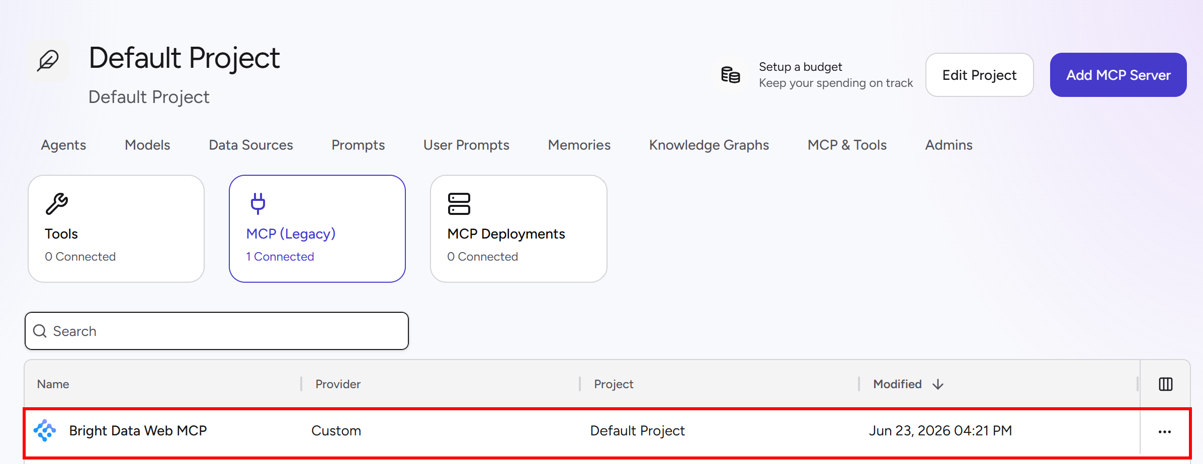 Note the “Bright Data Web MCP” entry in the “MCP (Legacy)” section