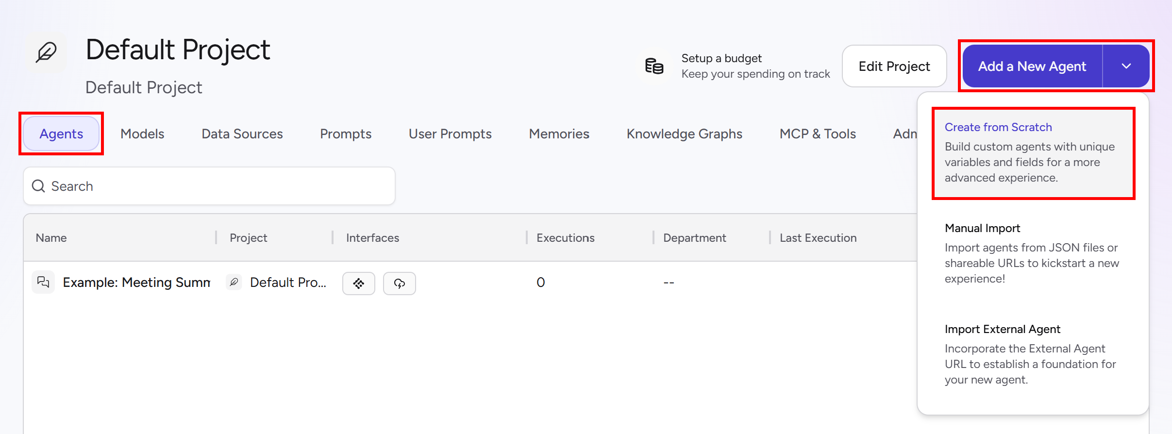 Clicking the “Add a New Agent > Create from Scratch” button
