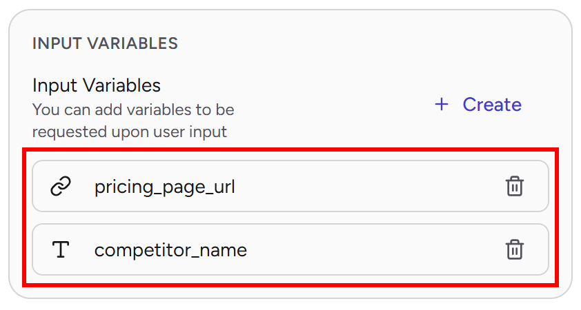The “pricing_page_url” and “competitor_name” input variables