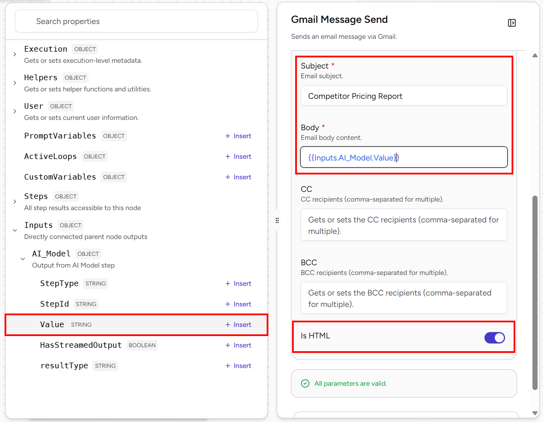 Configuring the “Gmail Message Send” block