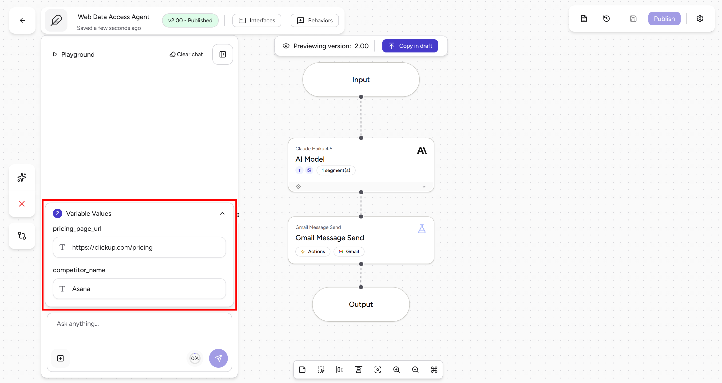 Defining the input agent variables