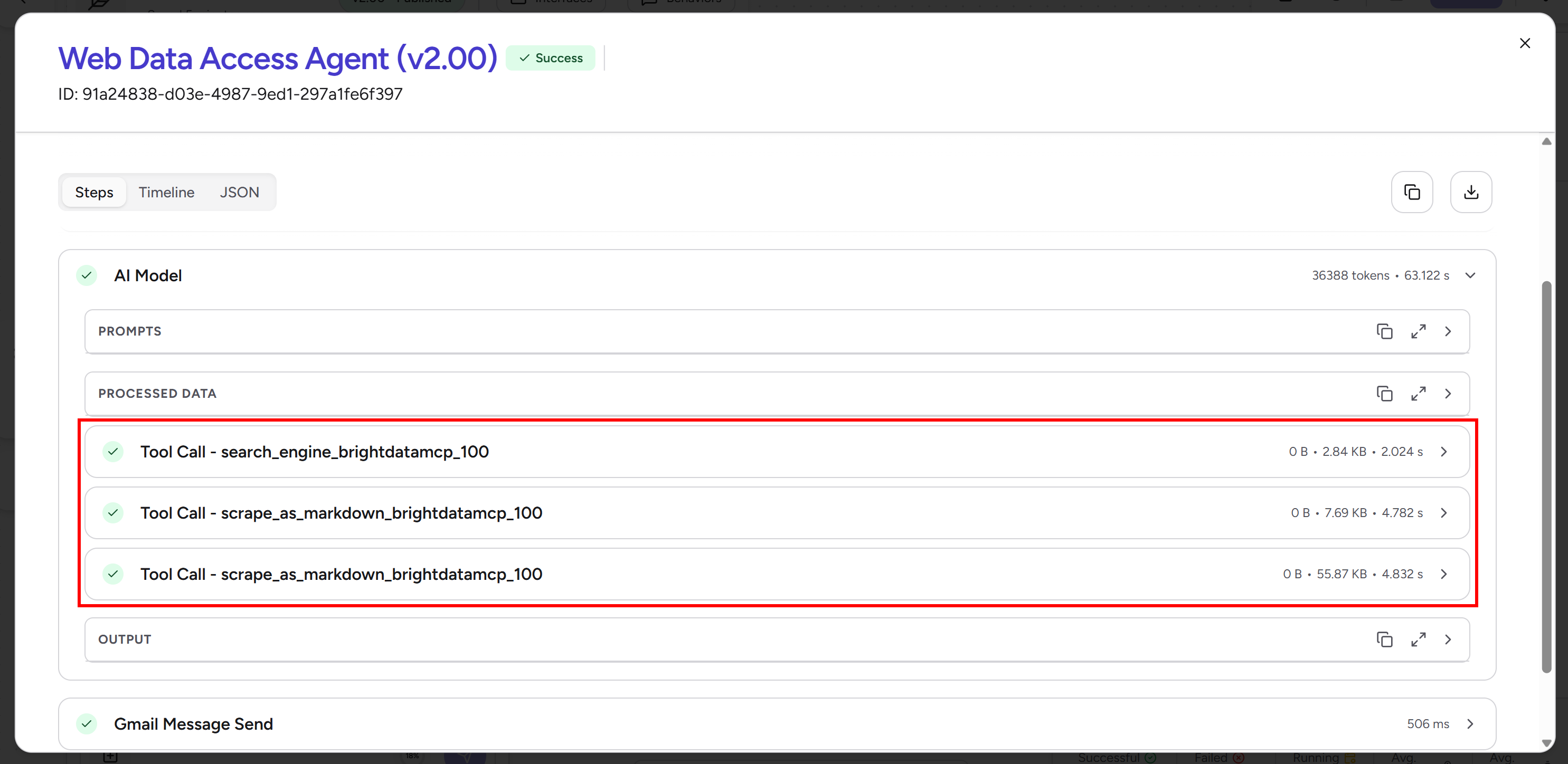 Note the Web MCP tools called during the agent execution
