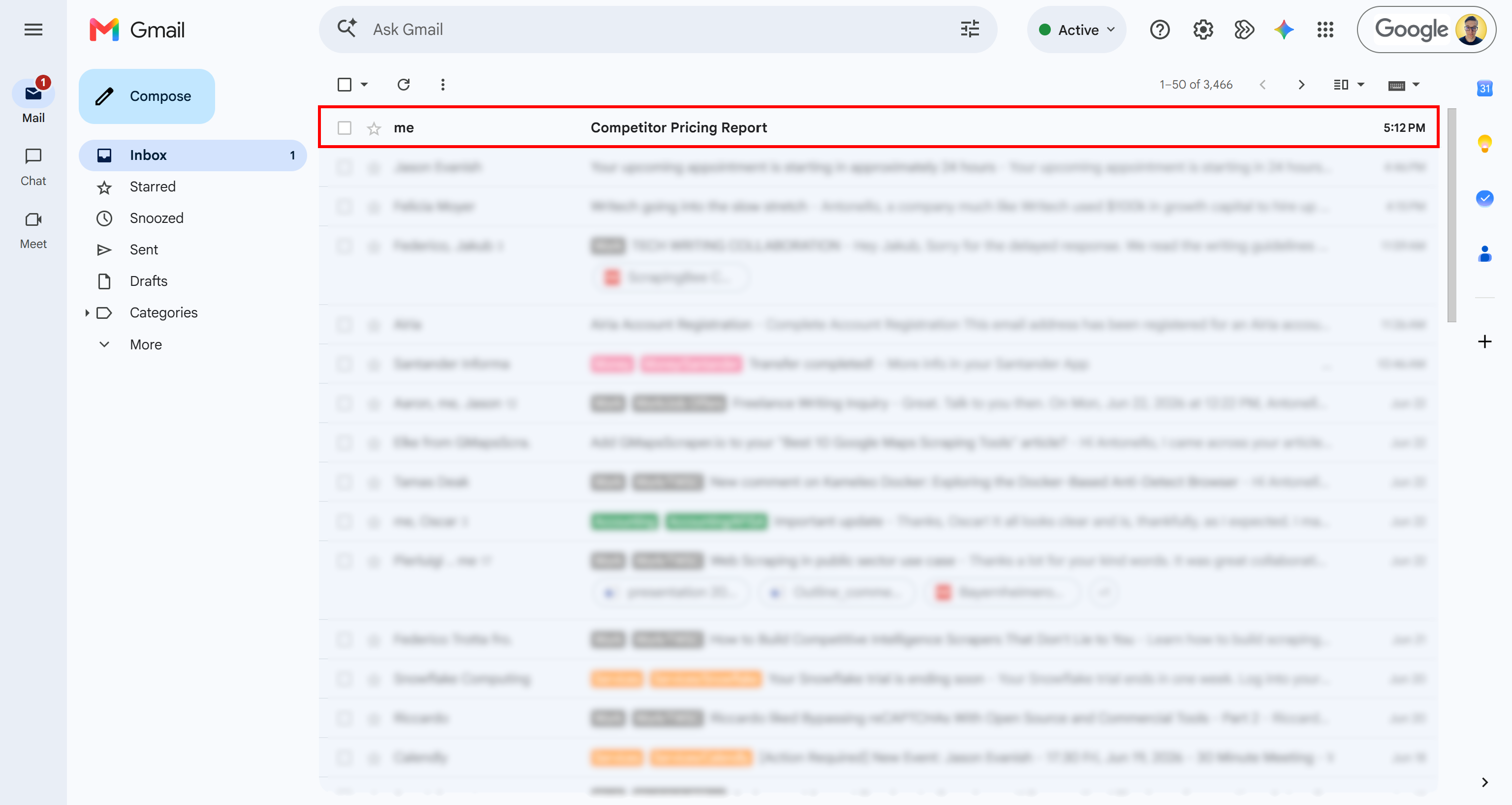 Note the incoming “Competitor Pricing Report” email