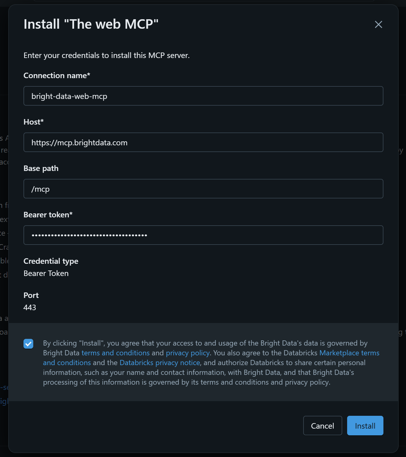 Filling out the ‘Install “The web MCP”’ form