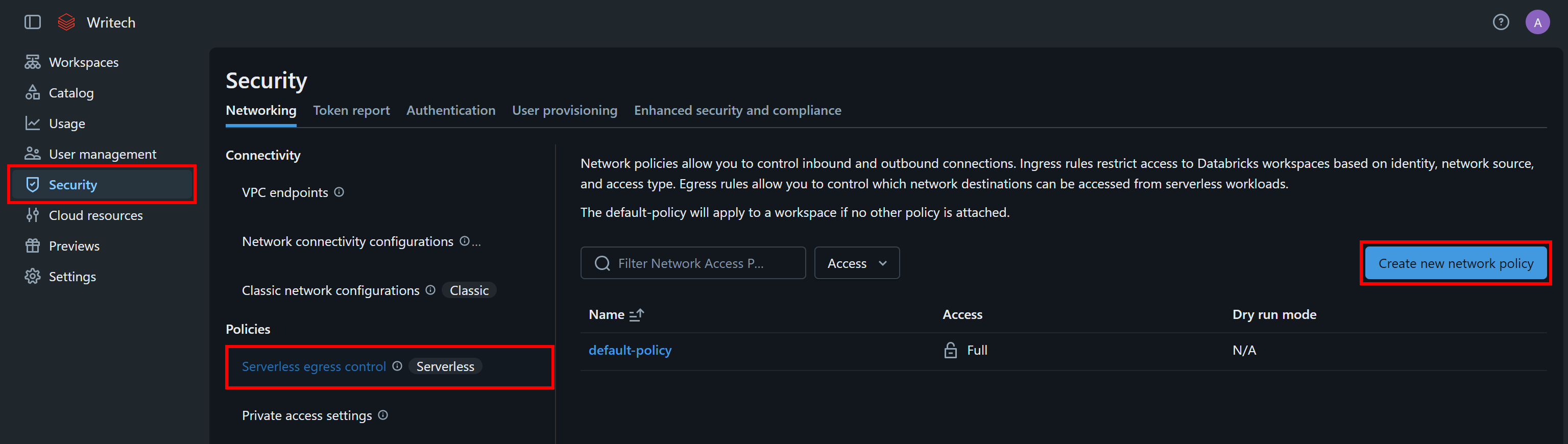 Clicking the “Create new network” policy