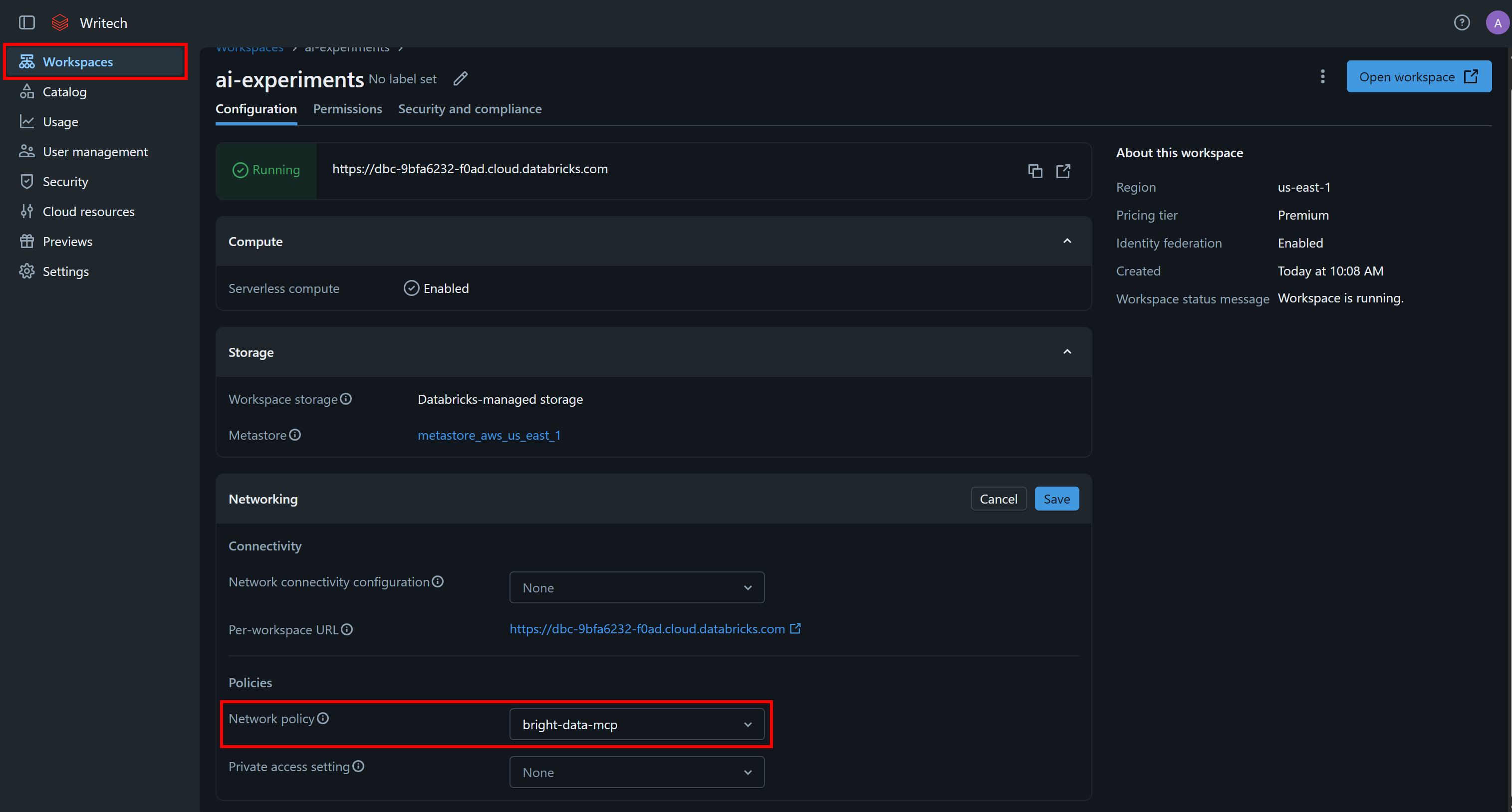 Setting the required network policy in your Databrocks workspace