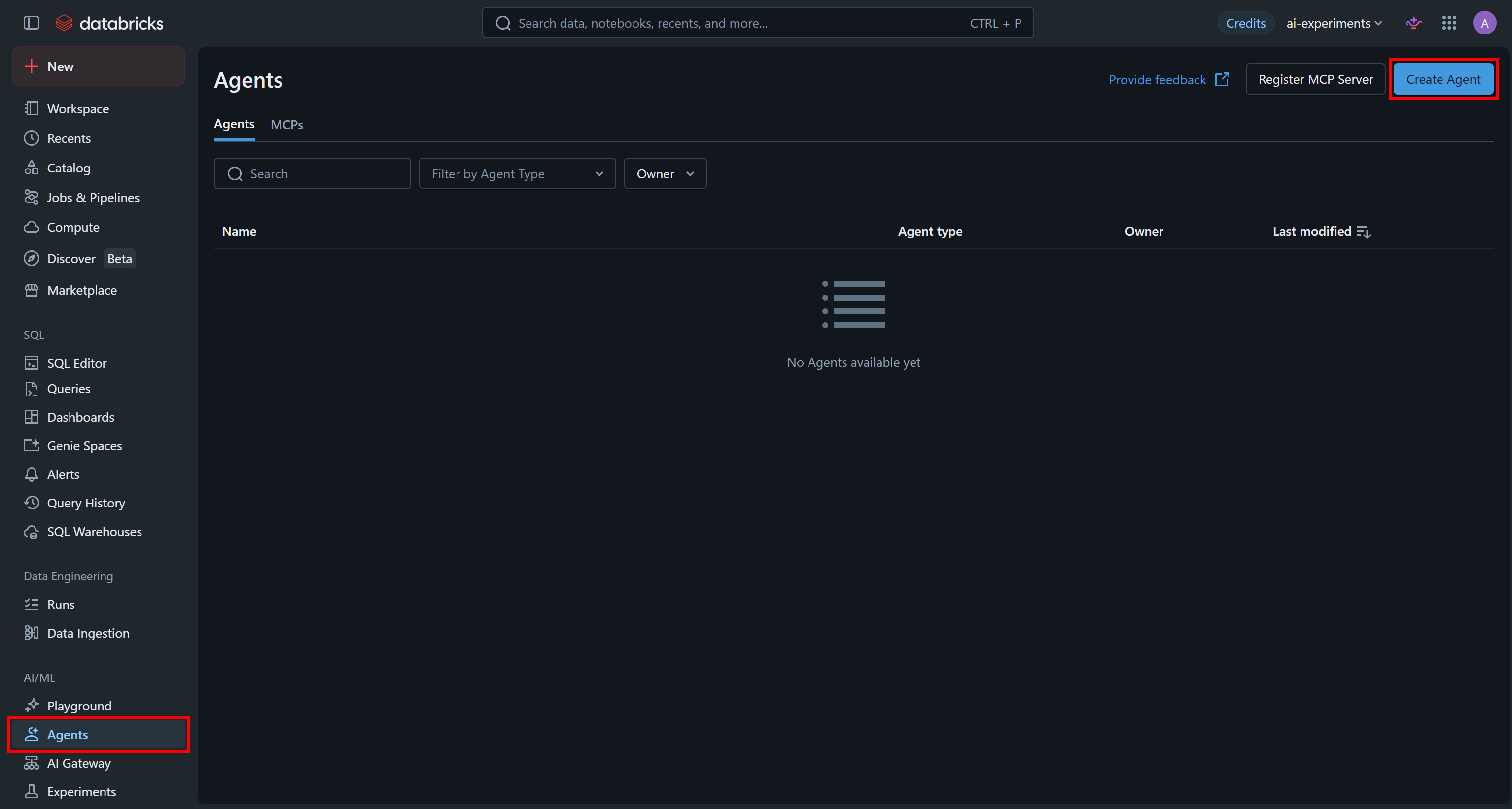 Pressing the “Create Agent” button