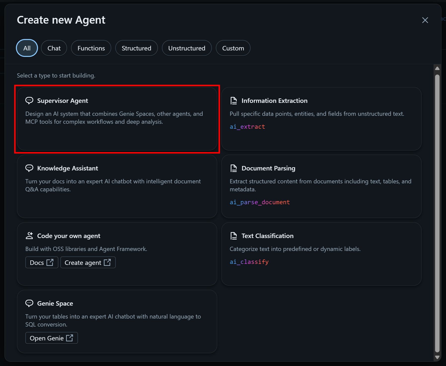 Selecting the “Supervisor Agent” option