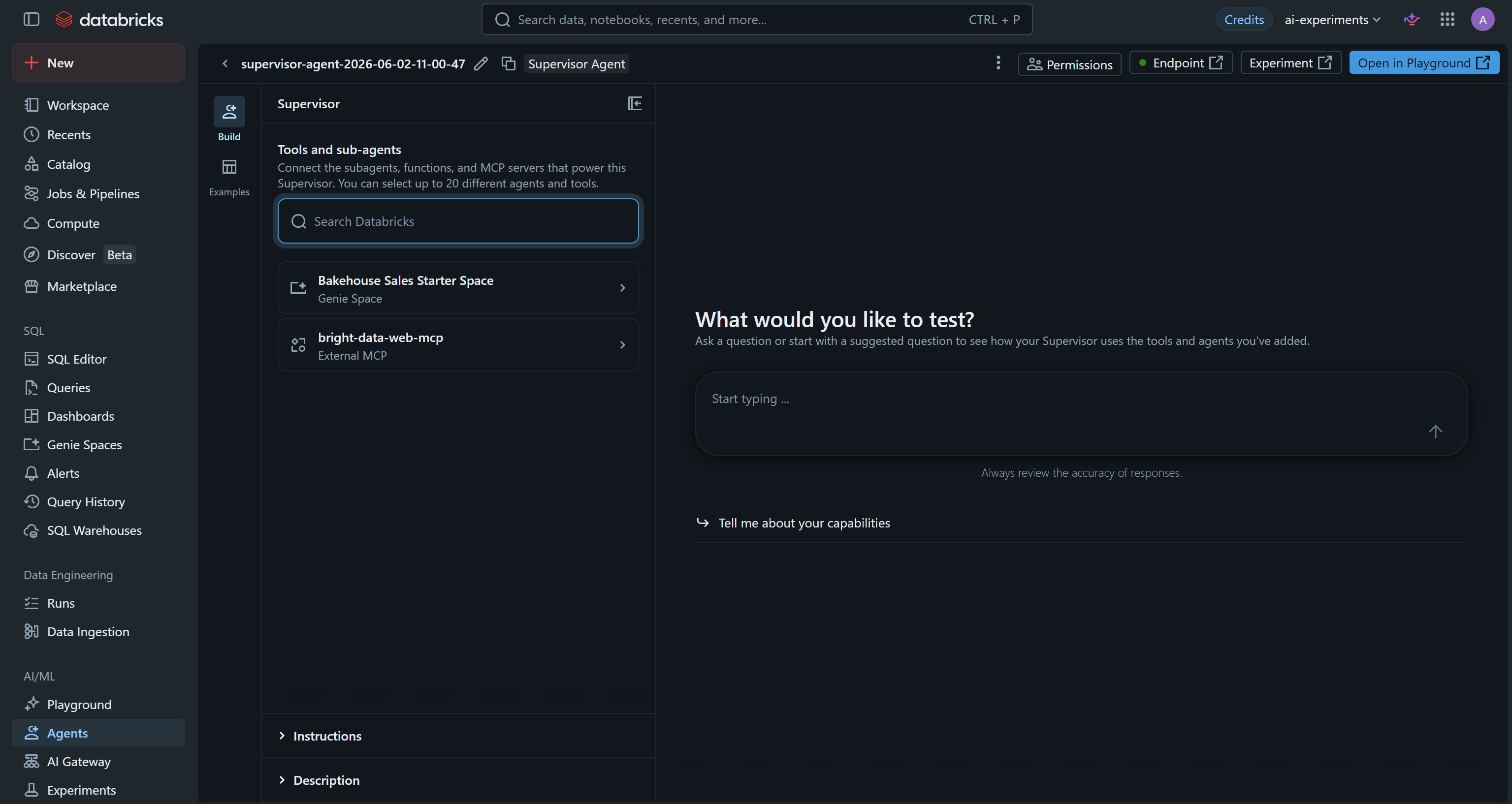 The configured Databricks AI agent