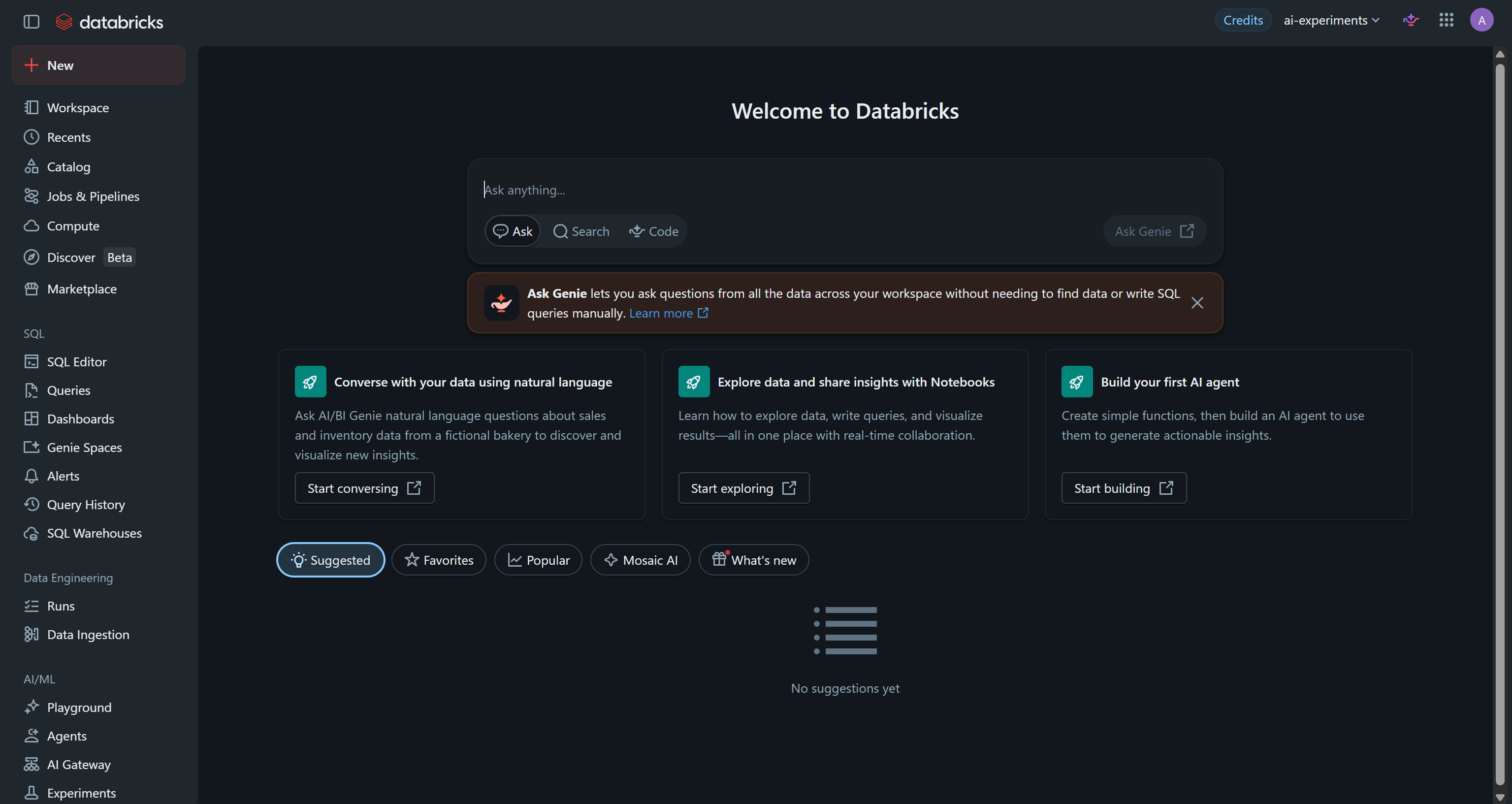 The Databricks home workspace dashboard