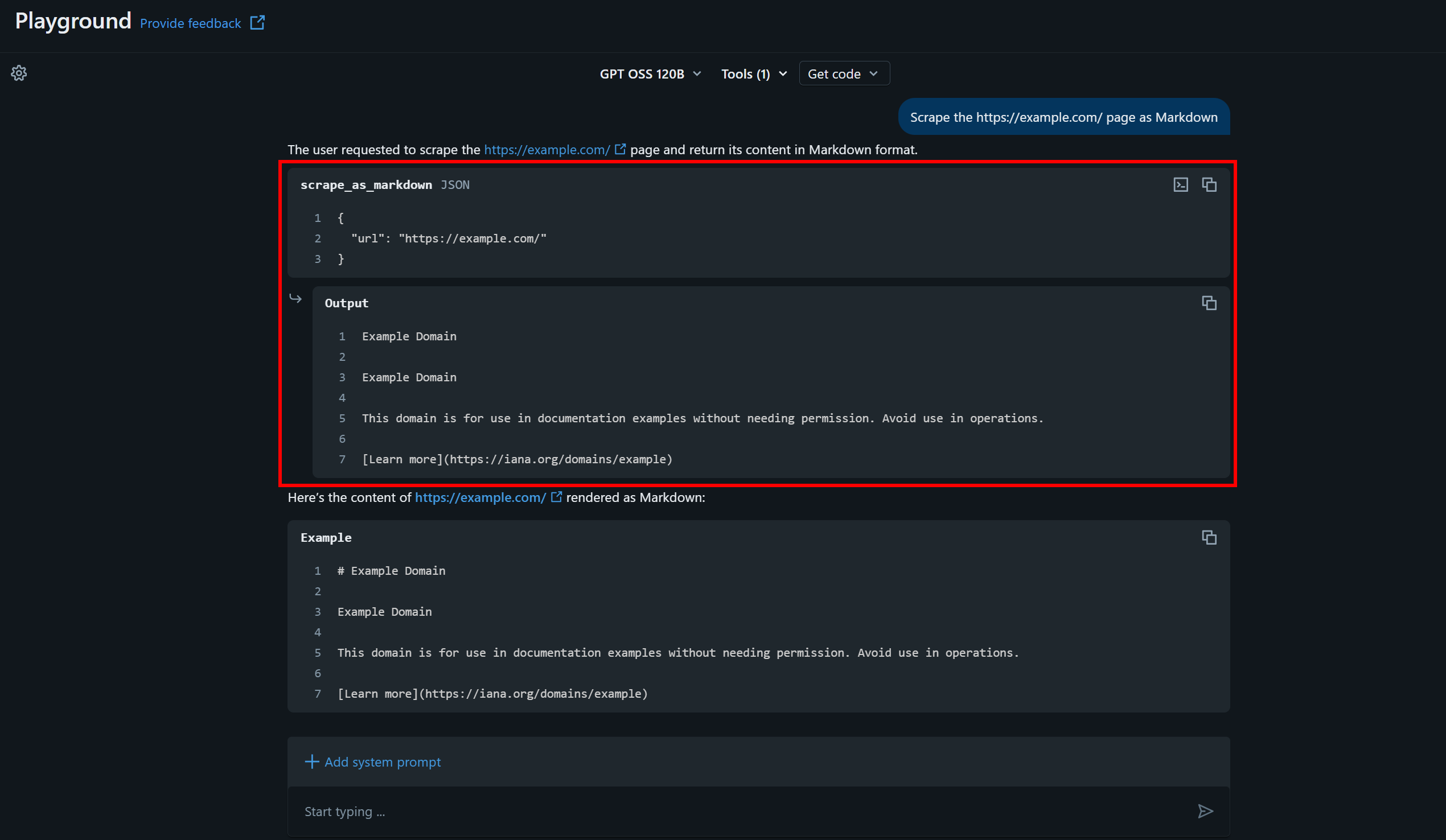 Note the use of the “scrape_as_markdown” tool