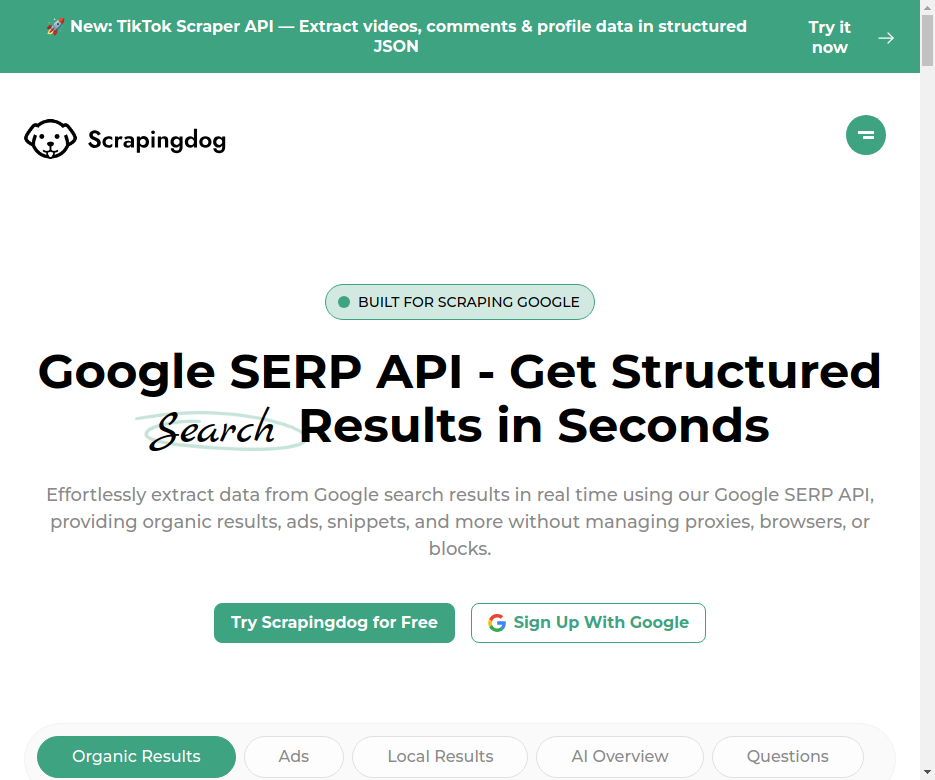Scrapingdog Google SERP API page