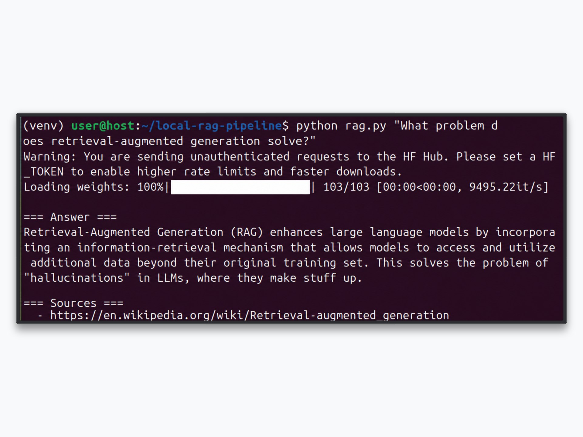 RAG answer with cited sources in the terminal
