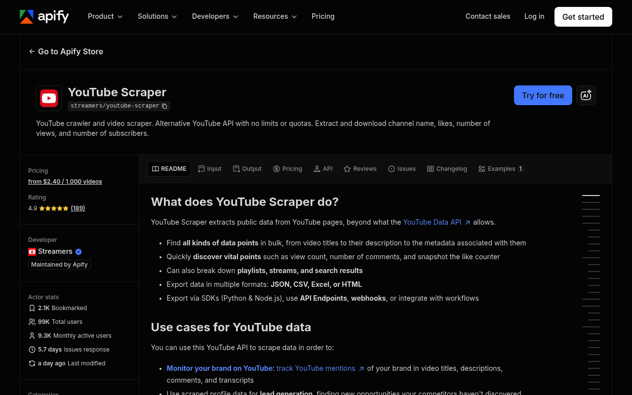 Apify YouTube scraper