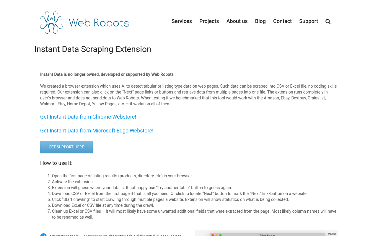 Instant Data Scraper web scraping extension homepage