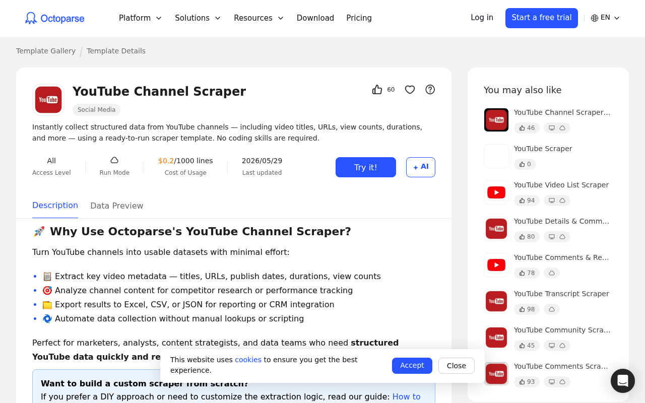 Octoparse YouTube scraper