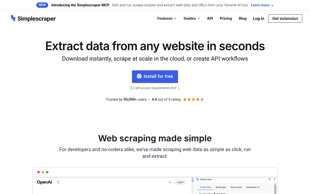 Simplescraper web scraping extension homepage