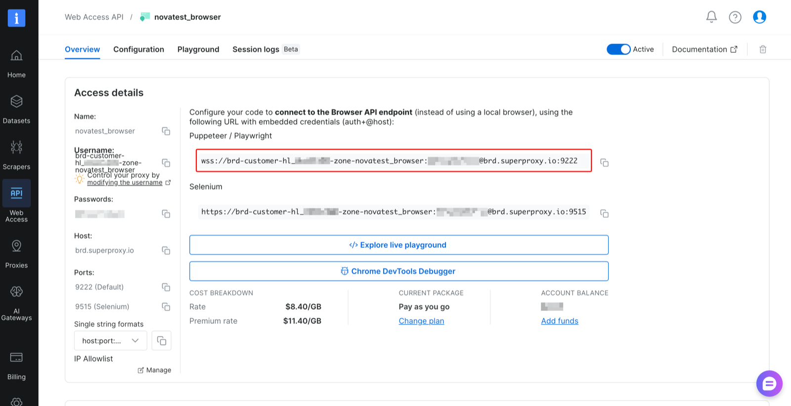 Bright Data Browser API zone Access details panel, showing the wss:// connection string and the IP Allowlist