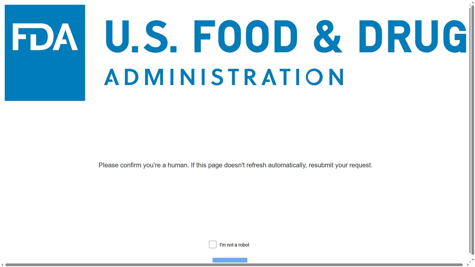 Screenshot of a reCAPTCHA challenge presented to the agent on the Drugs@FDA site, mid-run