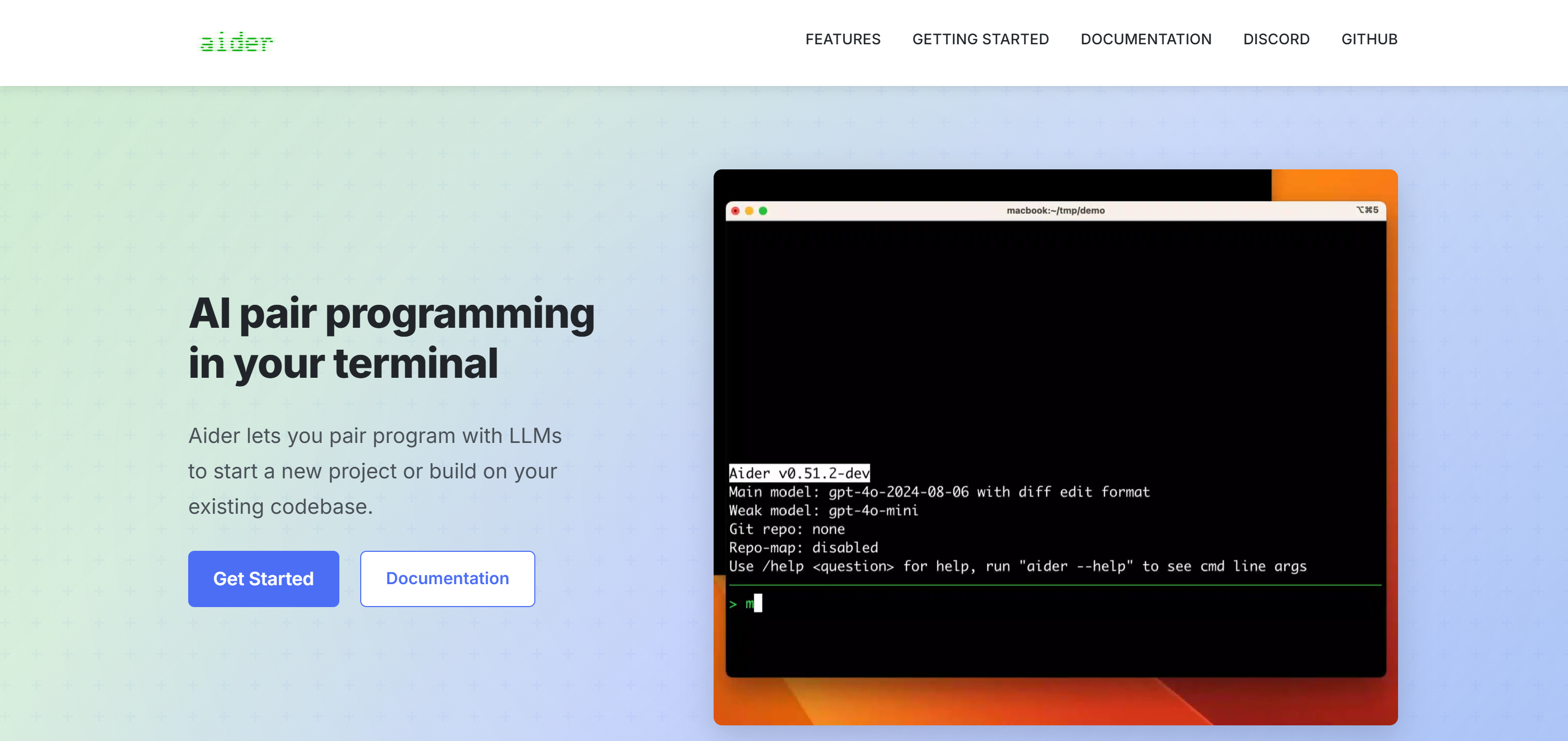 The aider.chat homepage