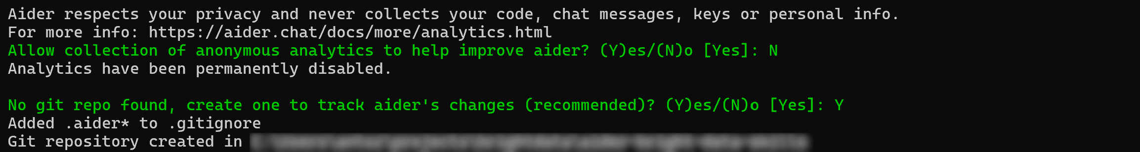Inizializing Aider in your project's folder