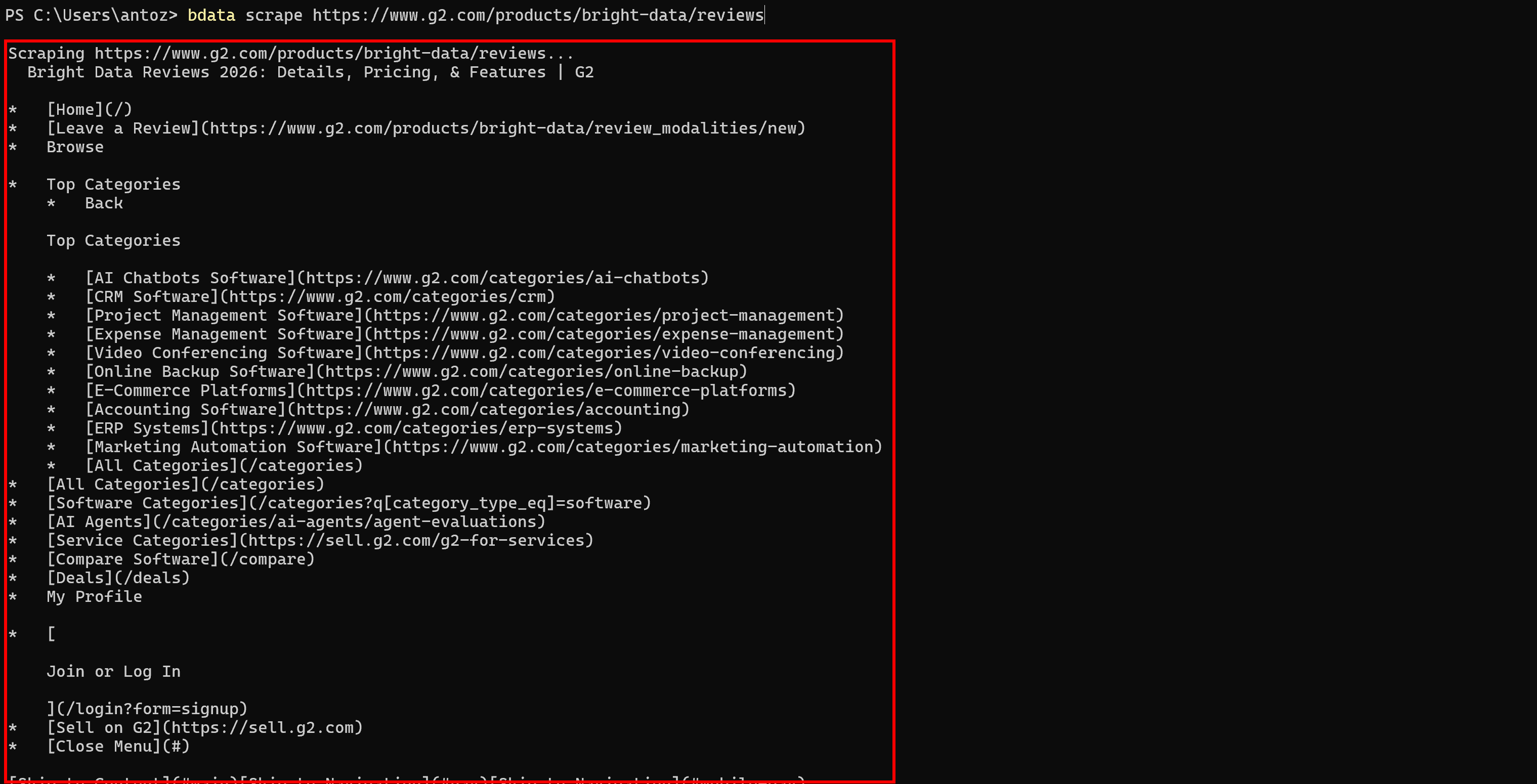 Note that the returned output contains the actual content of the target G2 page (in Markdown)