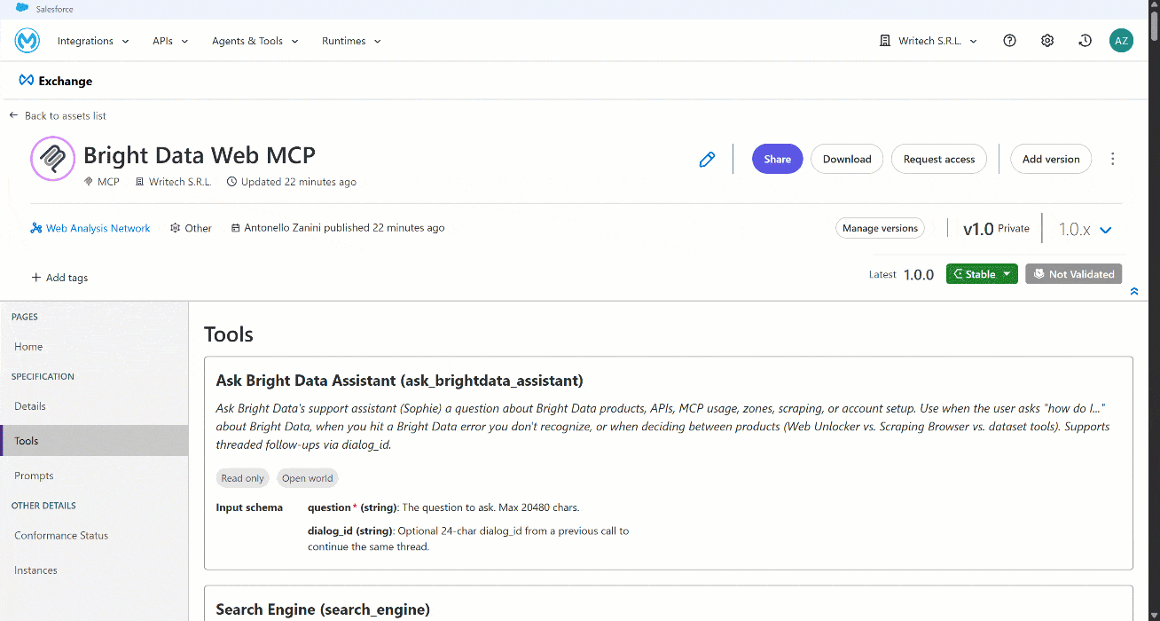 The tools available from the Bright Data Web MCP server