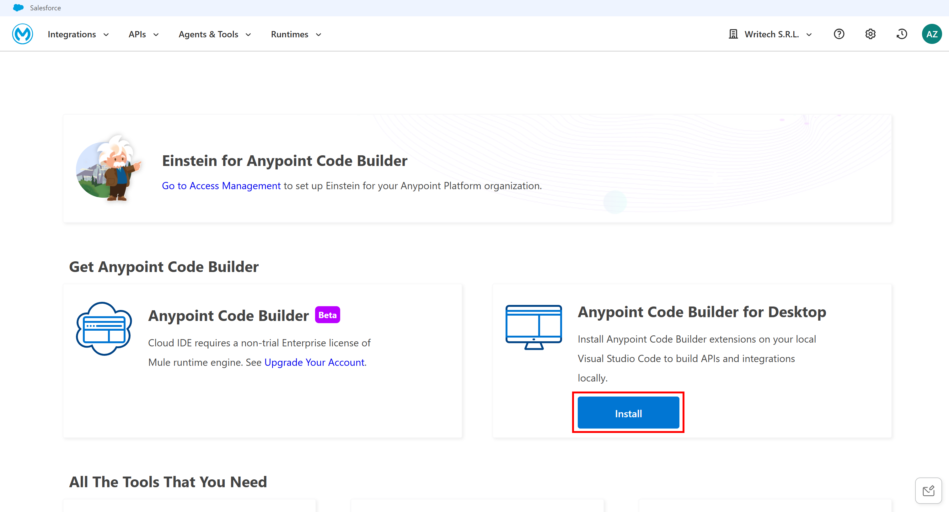 Pressing the “Install” button in the “Anypoint Code Builder for Desktop” card