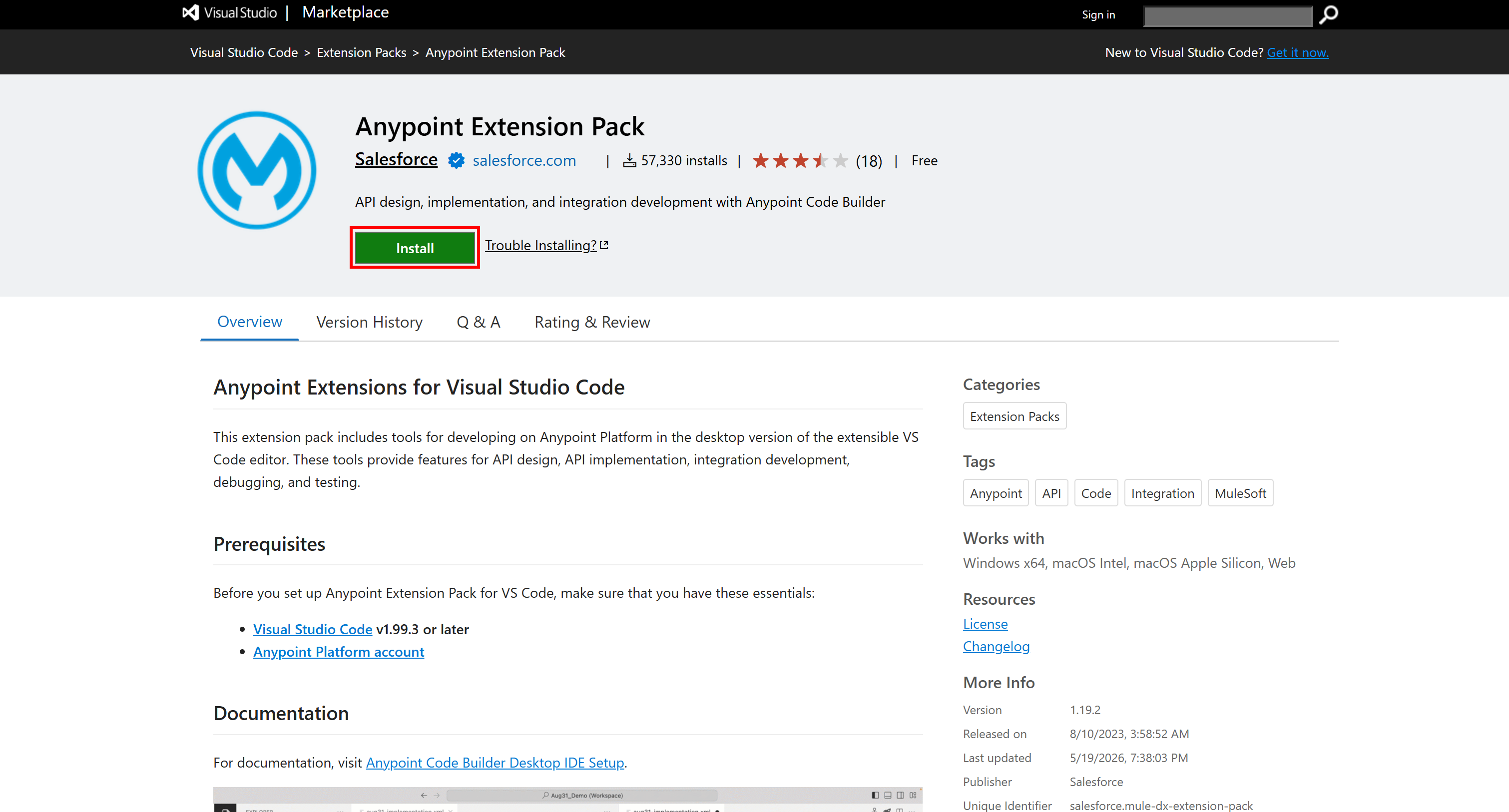 The “Anypoint Extension Pack” page in the Visual Studio Code Marketplace