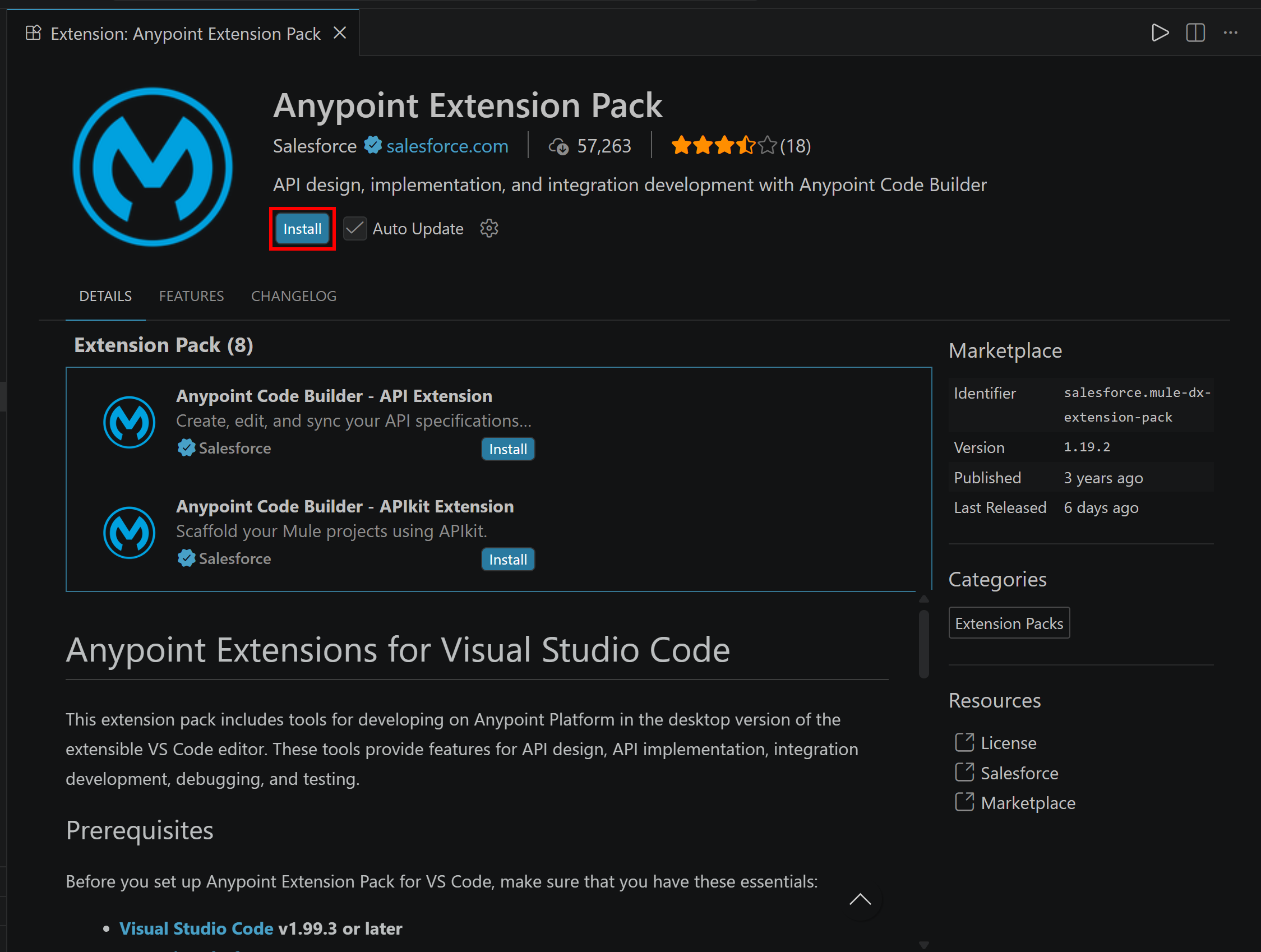 Installing the “Anypoint Extension Pack” extension in Visual Studio Code
