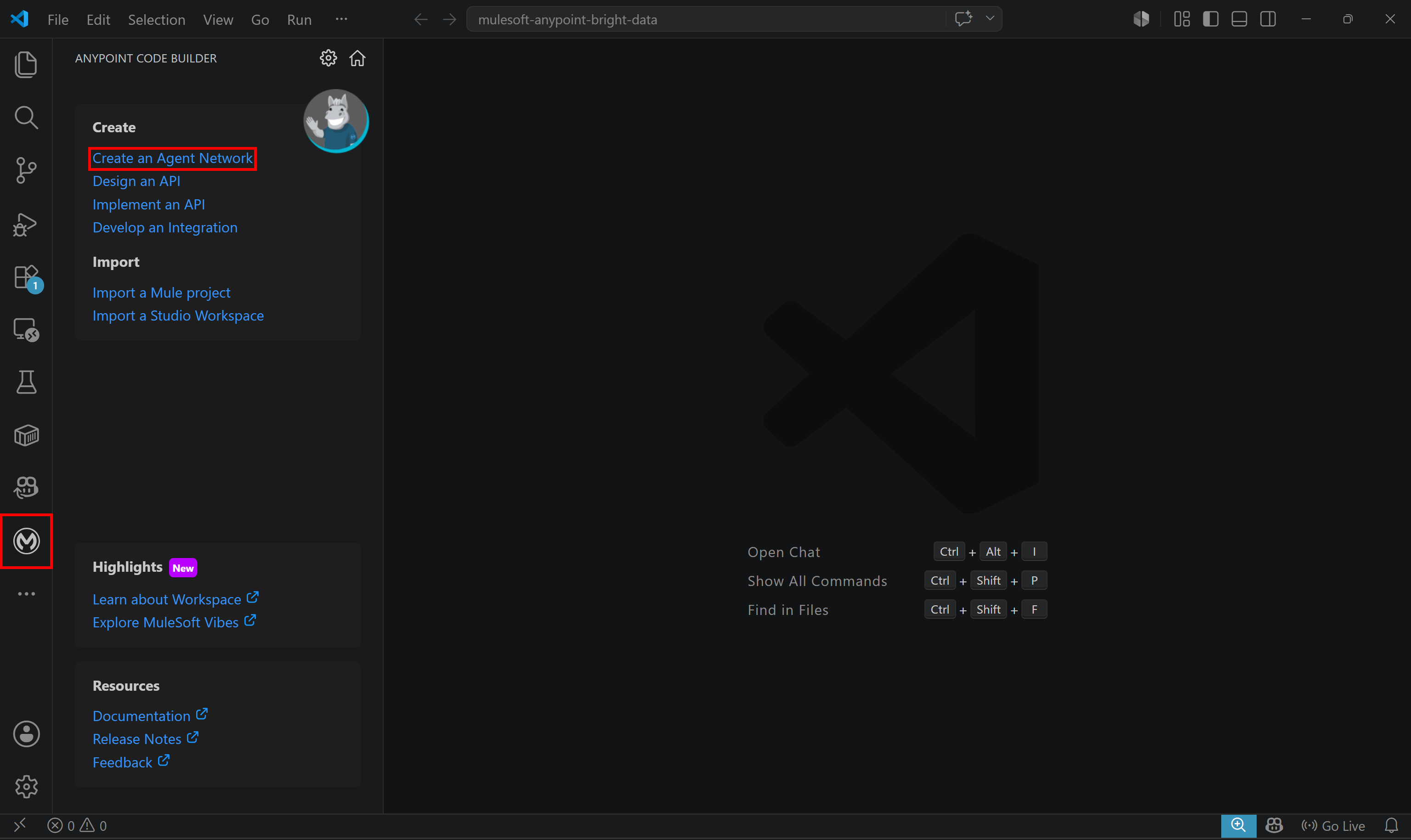 Pressing the “Create an Agent Network” link in the “Anypoint Code Builder” extension