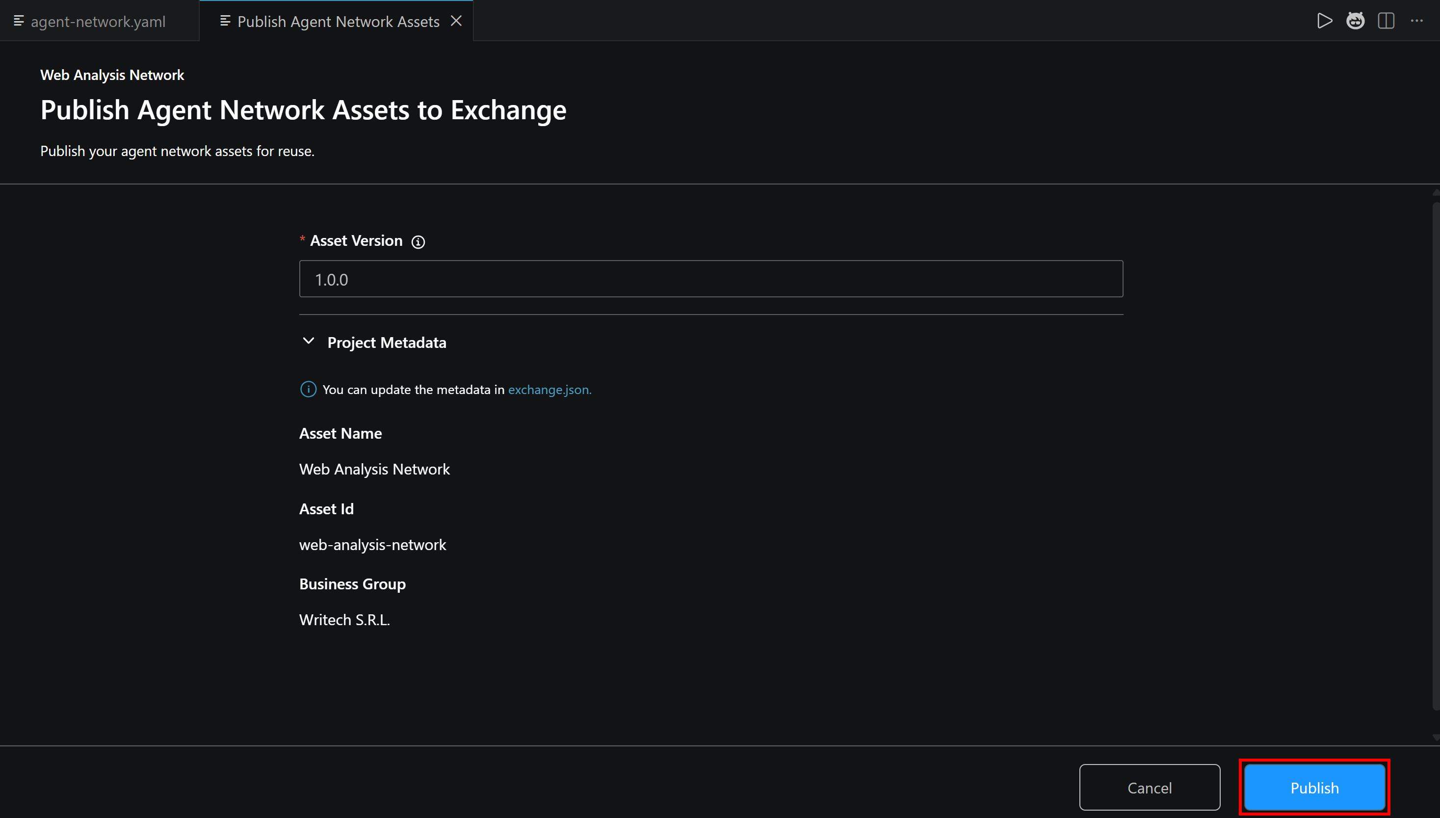 The “Publish Agent Network Assets to Exchange” form