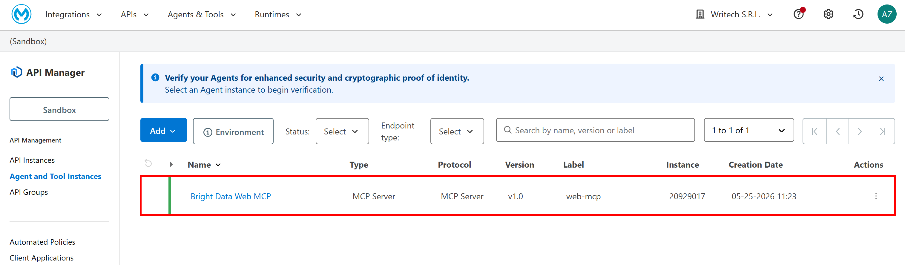 The deployed “Bright Data Web MCP” instance