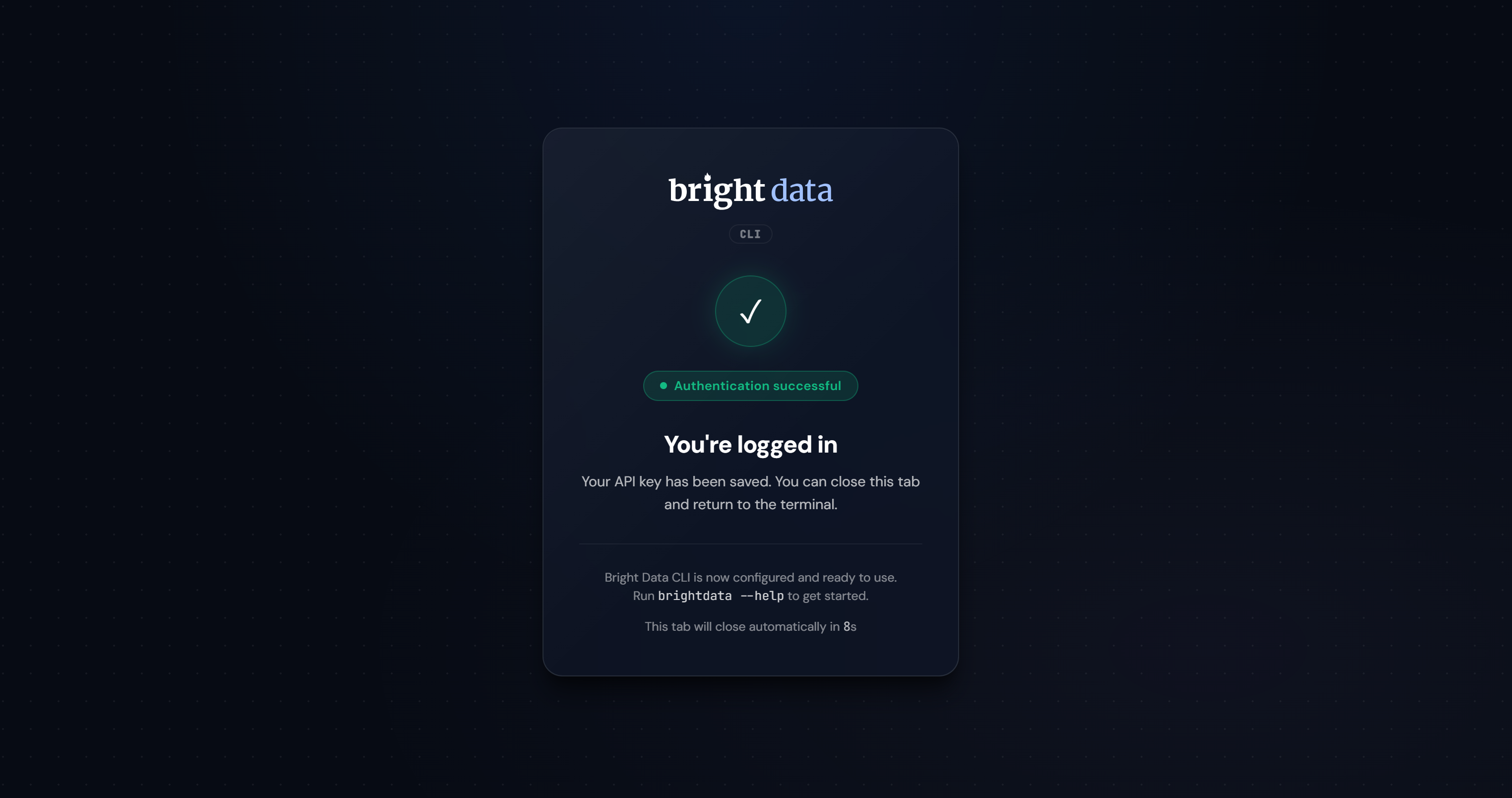 A página de sucesso de autenticação da Bright Data
